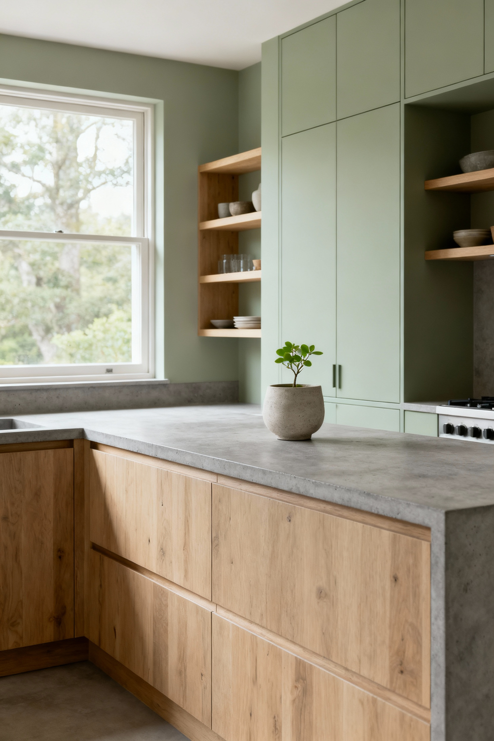 Scandinavian kitchen with personalized biophilia, featuring sage green kitchen cabinets, light wood accents, and natural stone countertops, bathed in soft natural light, creating a restorative and serene atmosphere.
