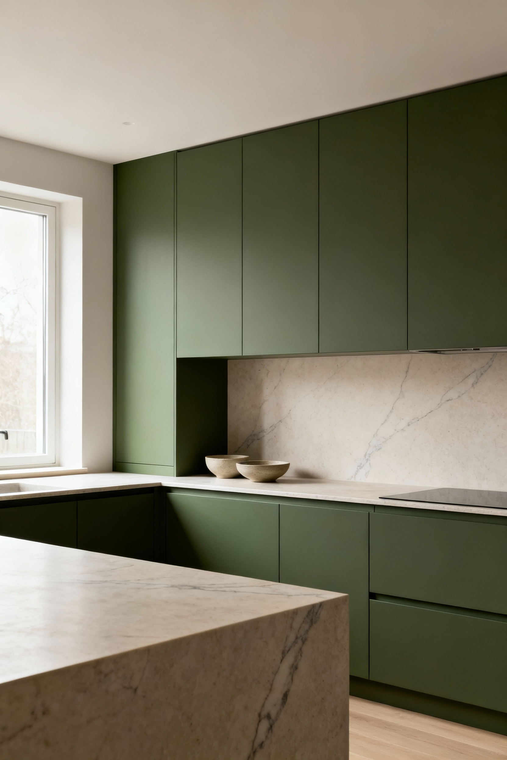 Scandinavian kitchen with matte moss green cabinets, natural stone countertop, and diffused lighting showcasing pigment purity and serenity.
