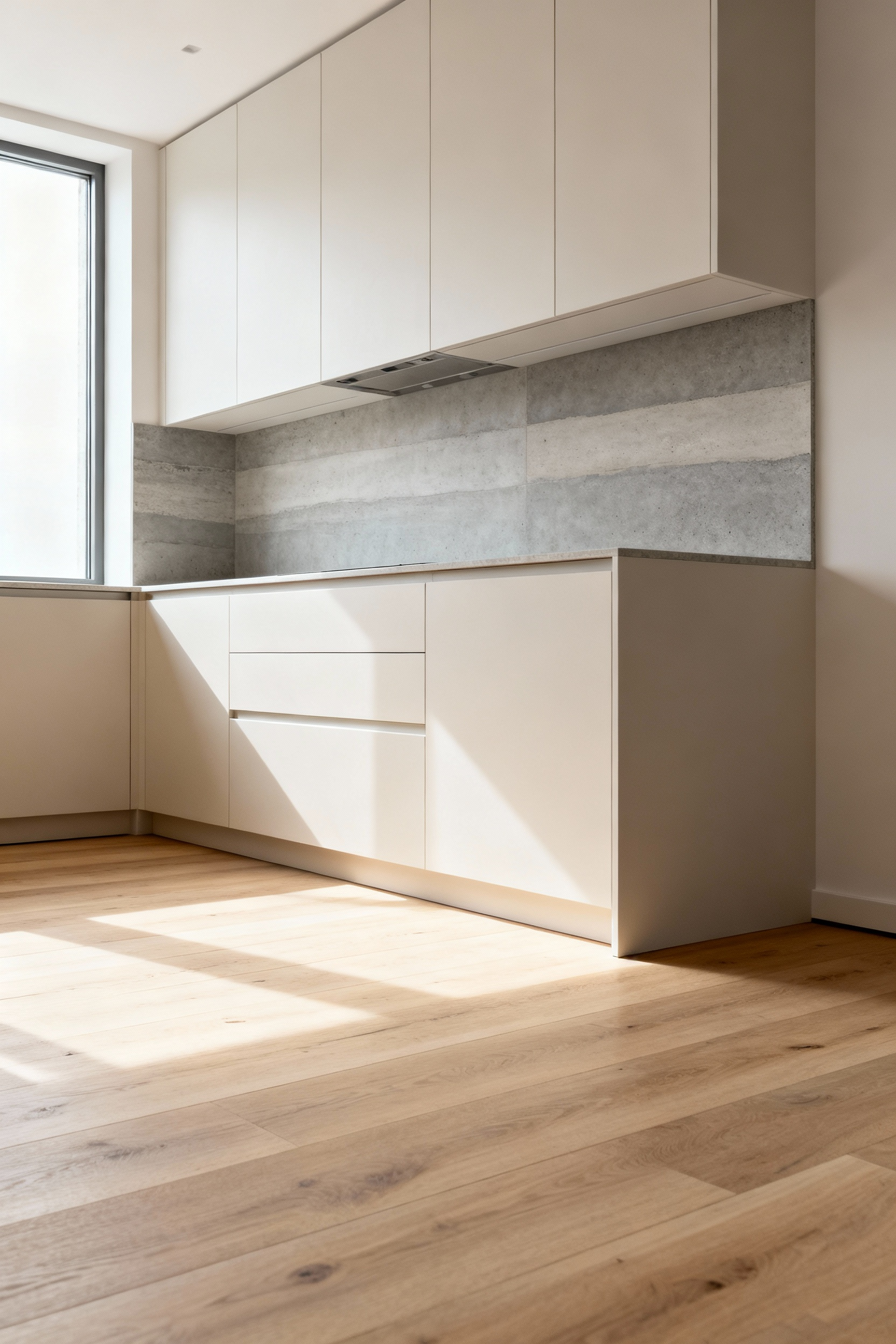 Scandinavian kitchen with light cabinets, wood floor, and concrete backsplash showing cohesive color scheme and visual continuity.
