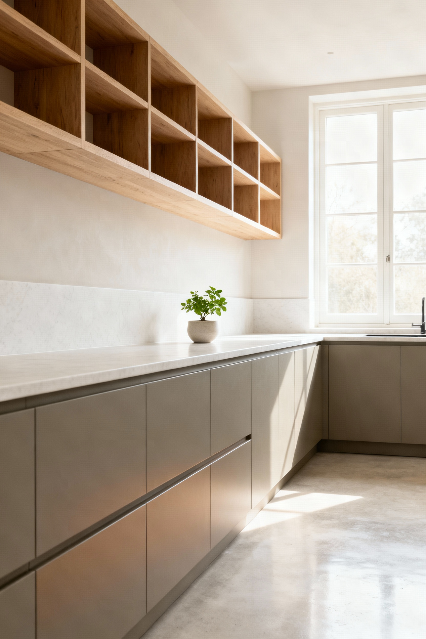 Modern Scandinavian kitchen with adaptive greige lower cabinets, light oak open shelves, white stone countertop, and a small green plant, under soft natural light.