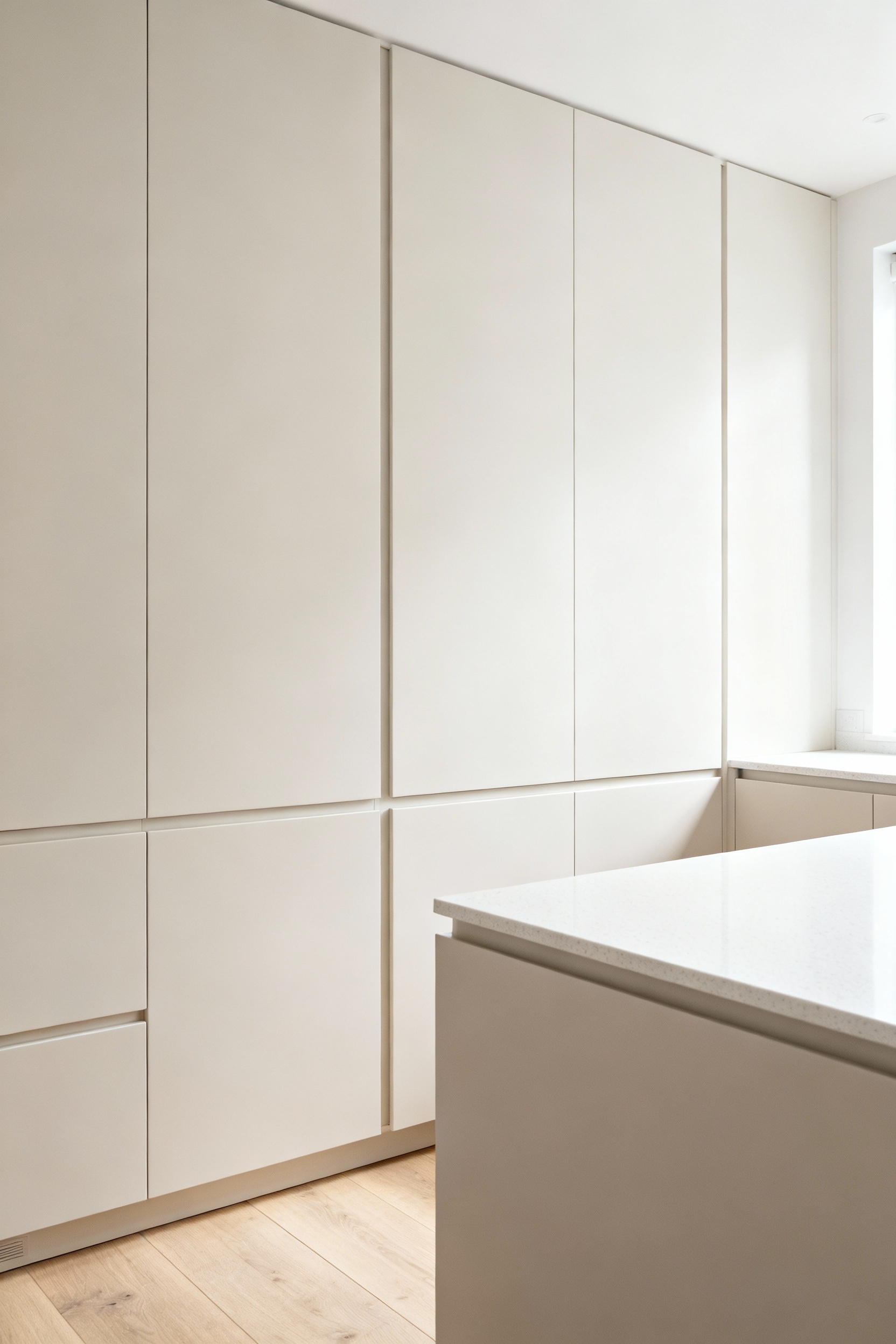 A minimalist Scandinavian kitchen with cabinets displaying subtle tonal depth from a monochromatic color palette, creating visual harmony. Natural light brightens the space.