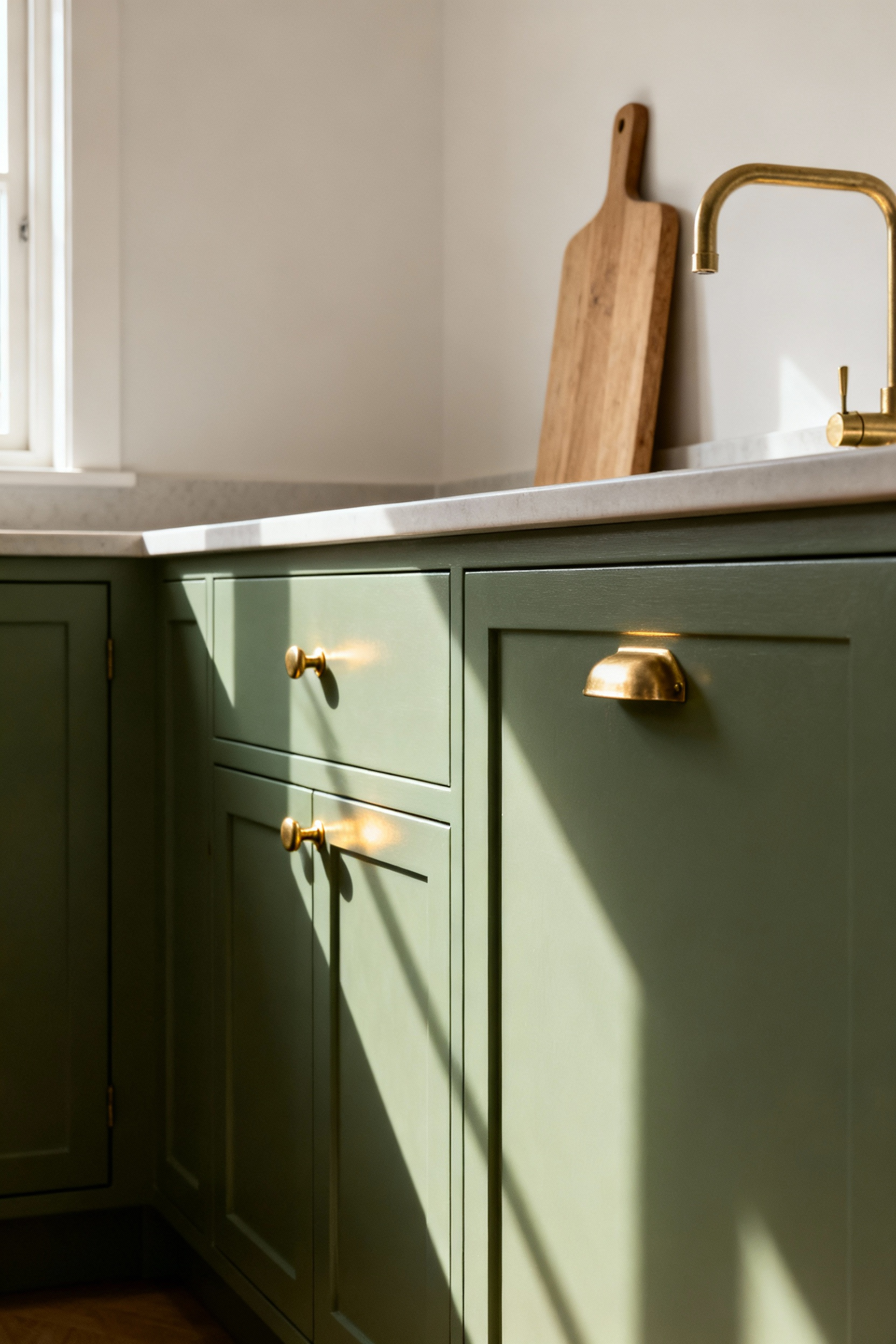 Scandinavian kitchen with muted green cabinets, unlacquered brass handles, and faucet, demonstrating metal accents enhancing cabinet tone and depth with warm reflections.