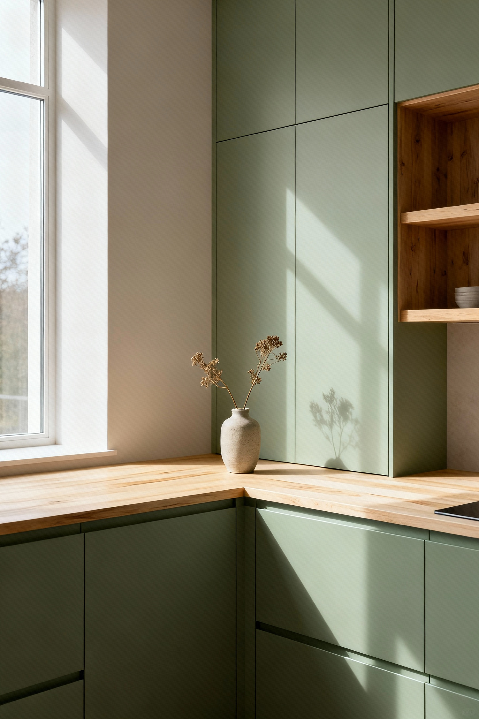 Scandinavian kitchen with sage green cabinets, promoting emotional well-being and culinary serenity through color psychology.