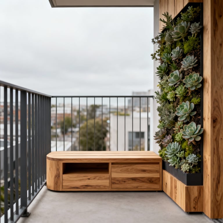 Minimalist urban balcony designed with Lagom principles, featuring a larchwood bench, vertical garden, and natural light.