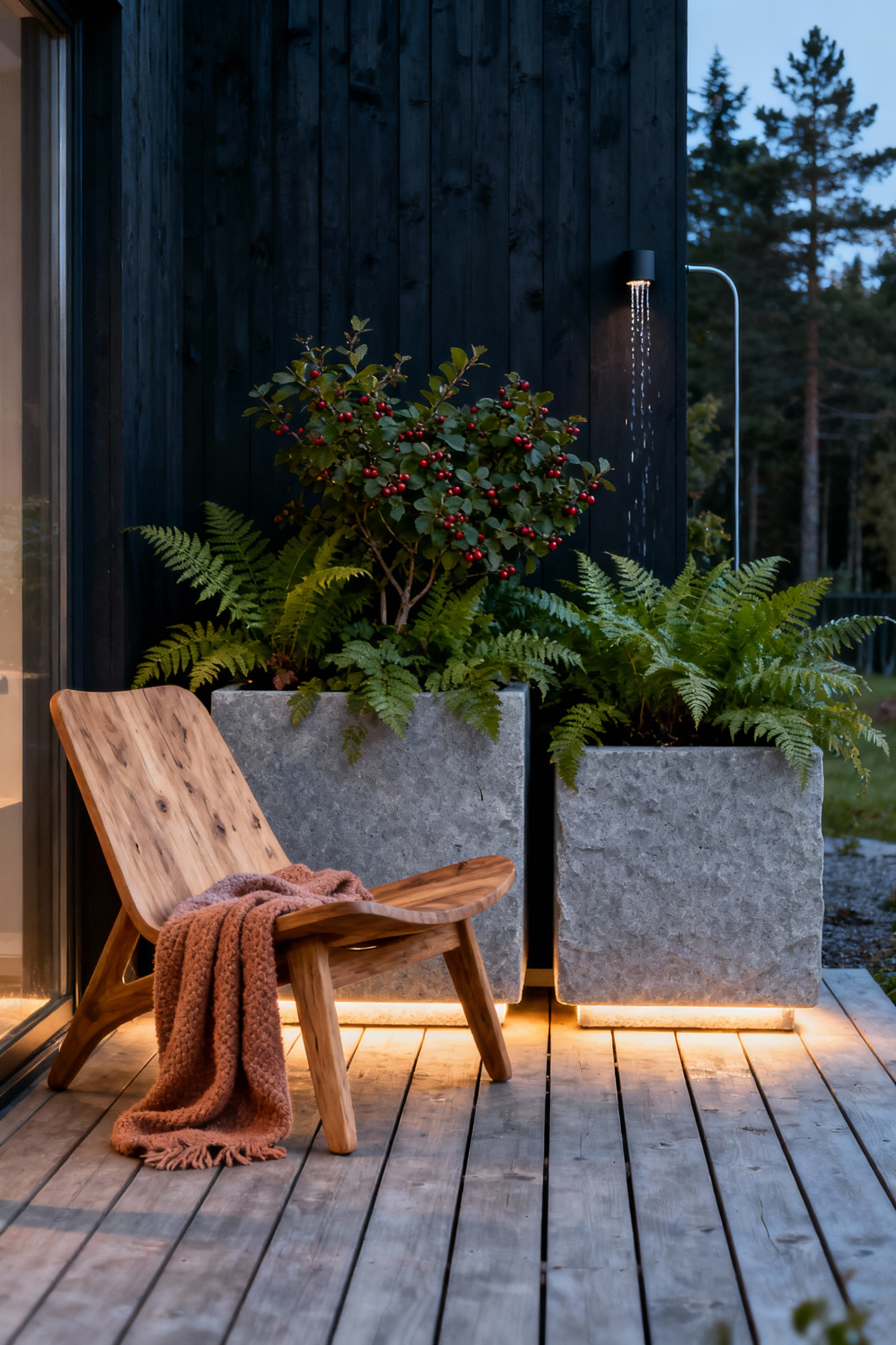 Scandinavian balcony with biophilic design elements including timber decking, natural stone planters with ferns, berry bushes, a wooden lounge chair with a wool throw, and indirect warm LED lighting creating a serene atmosphere. Biophilic balcony decor for natural harmony.