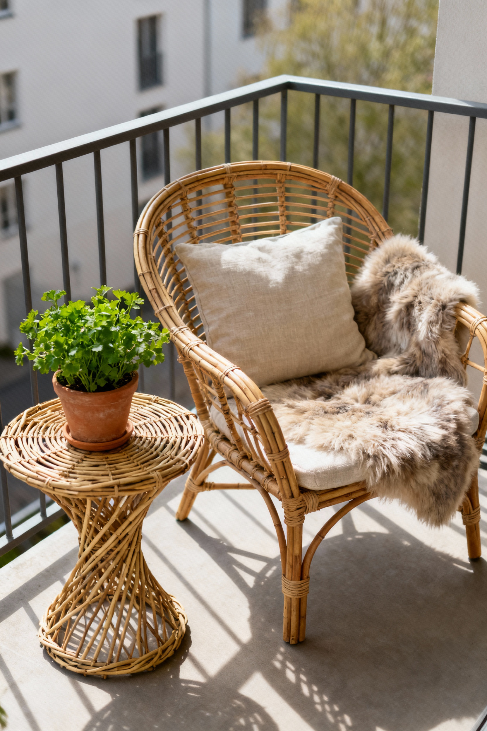 Nordic balcony decor with a woven rattan armchair and willow side table, adorned with natural linen cushions, a sheepskin throw, and a terracotta planter of herbs, highlighting organic forms.