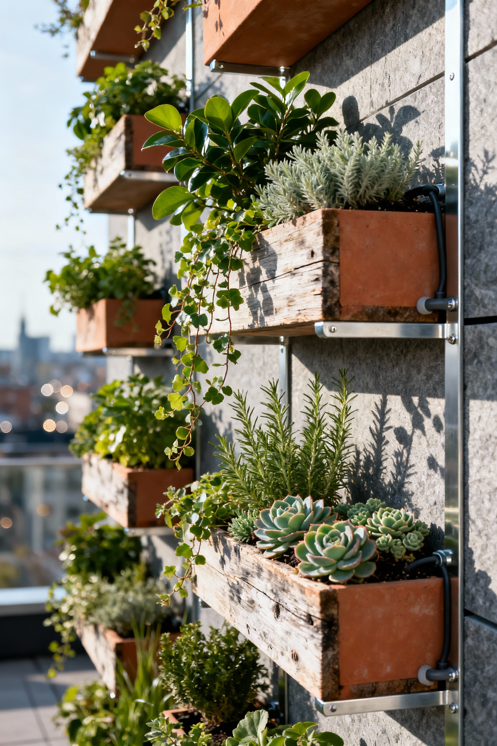 Vertical gardening balcony with tiered planters, wall garden, lush green plants, urban setting, Nordic design