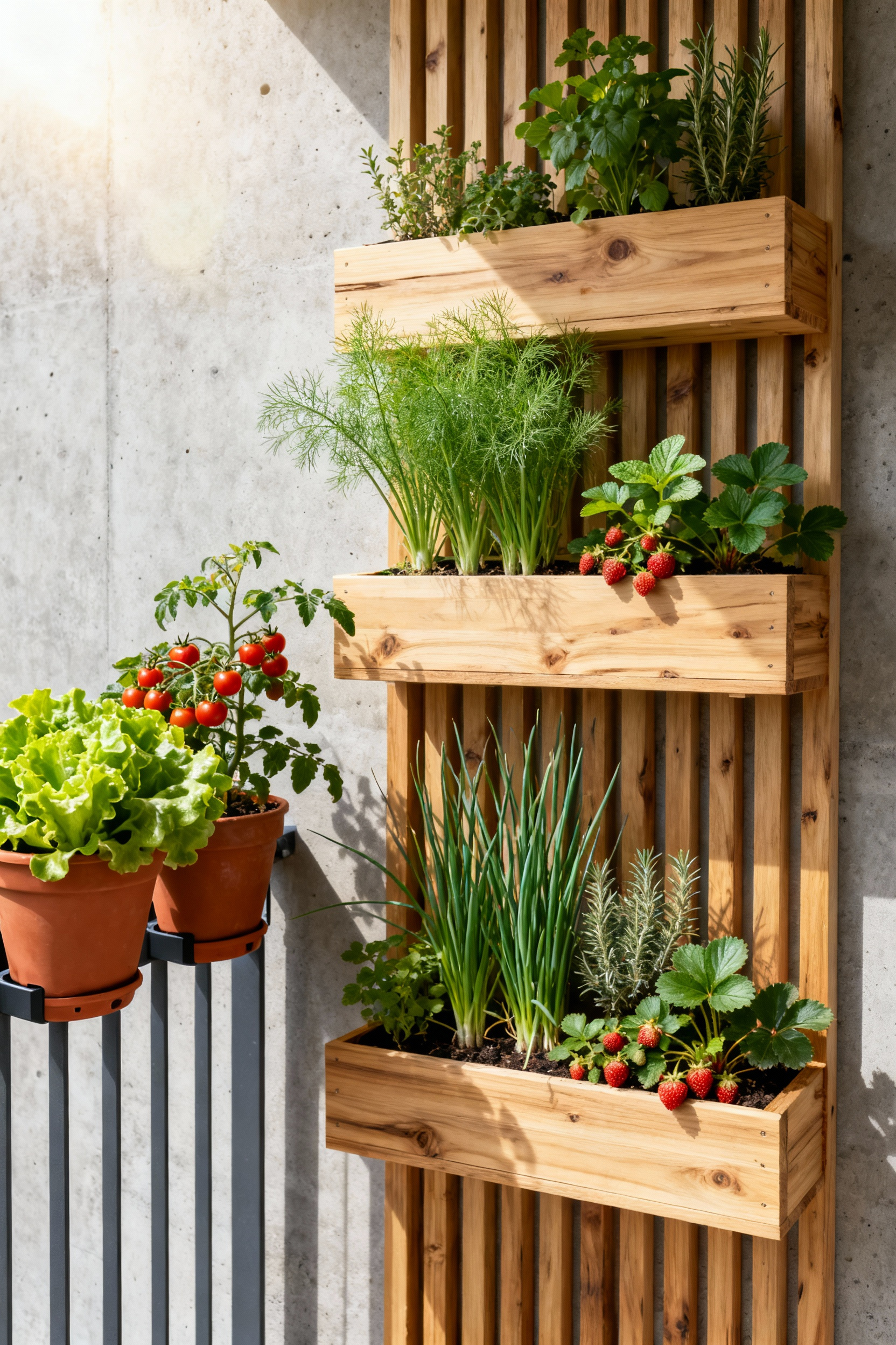 Vertical balcony garden with various herbs and small vegetables in wooden and terracotta planters, bathed in natural sunlight.