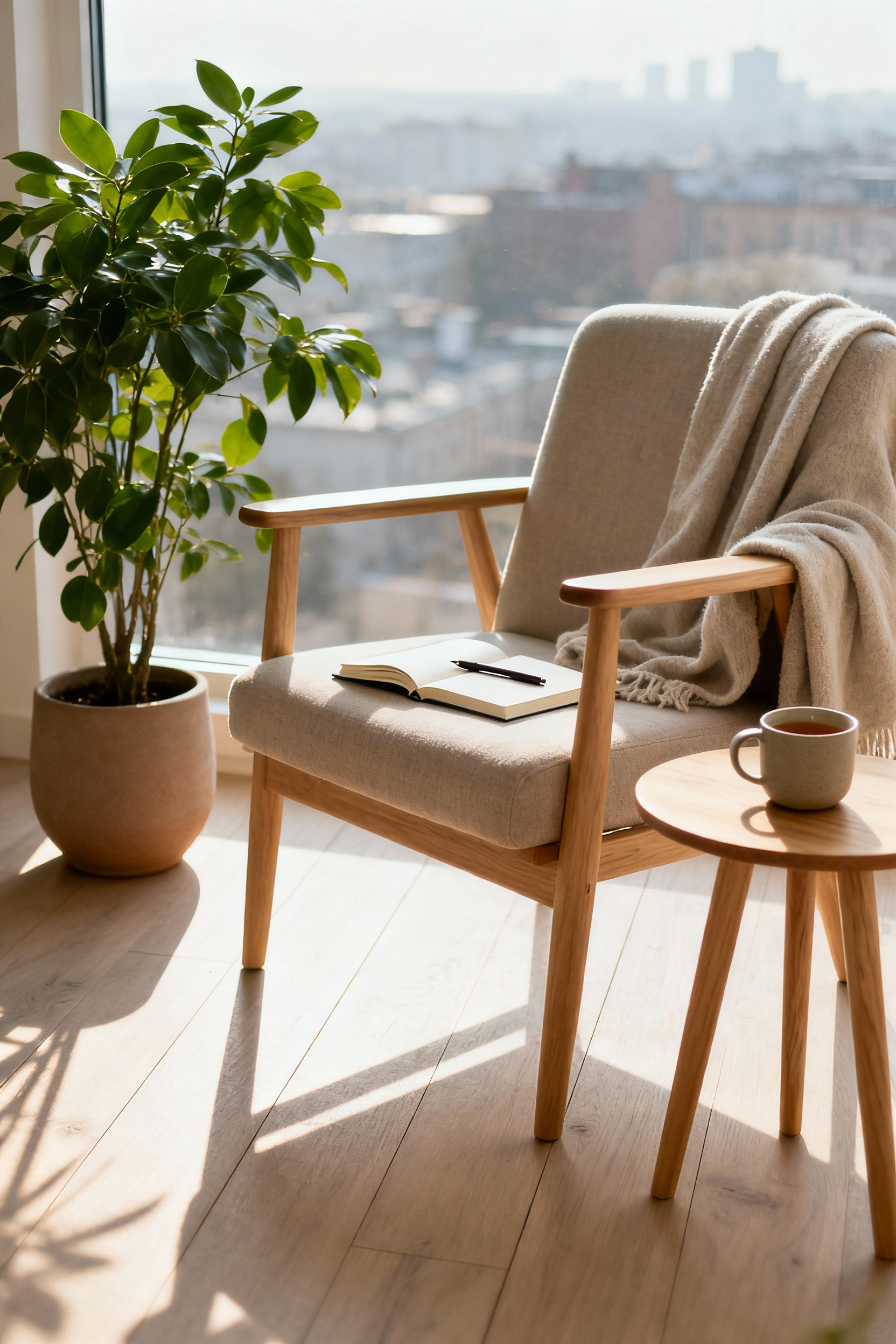 A minimalist Nordic-style balcony with a comfy armchair, side table with journal, and a potted plant, illustrating a purpose-driven design for personal reflection.