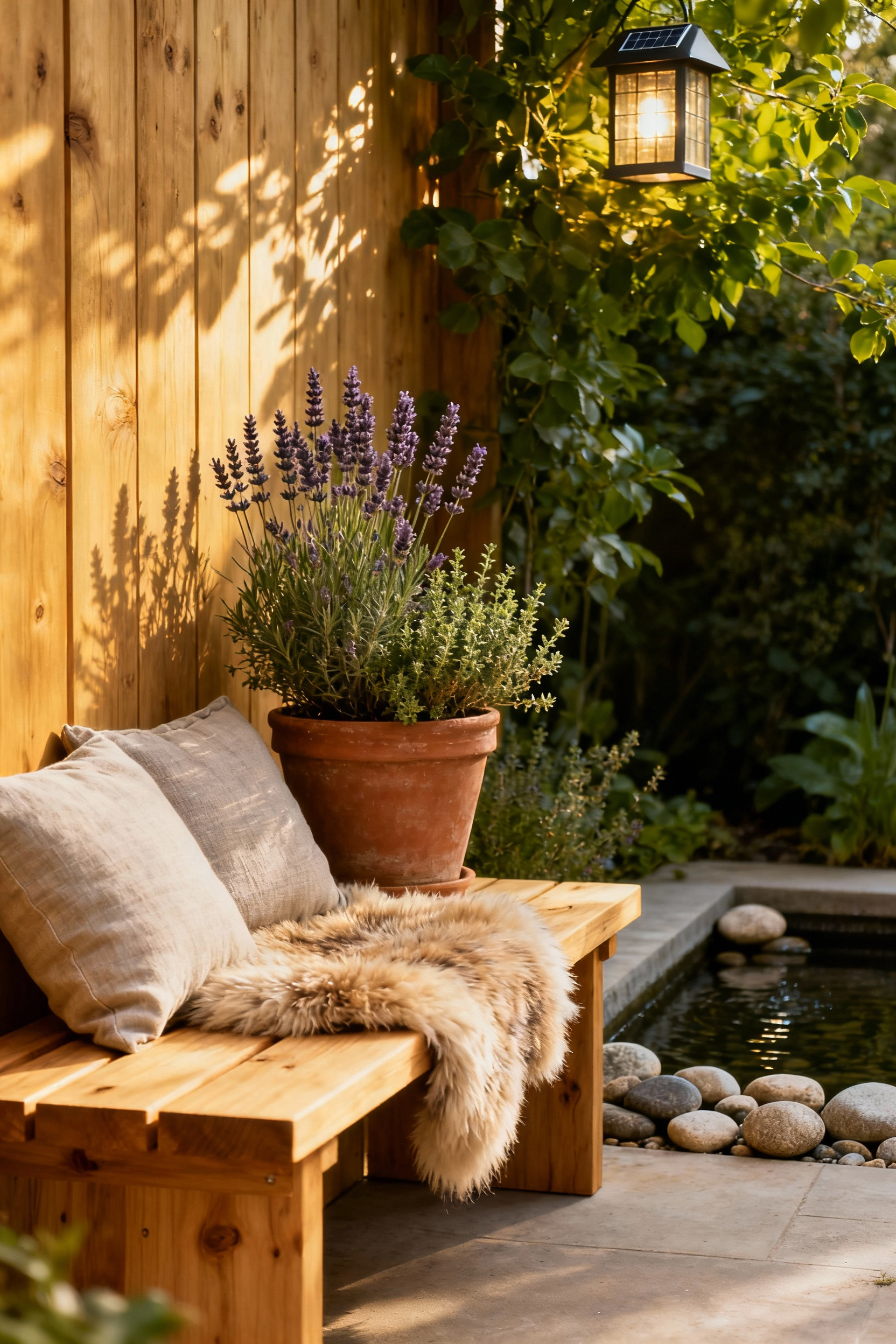Nordic balcony designed for sensory well-being with fragrant lavender, textured wool throw, soft lighting, and subtle water feature, enhancing sight, sound, touch, and scent.