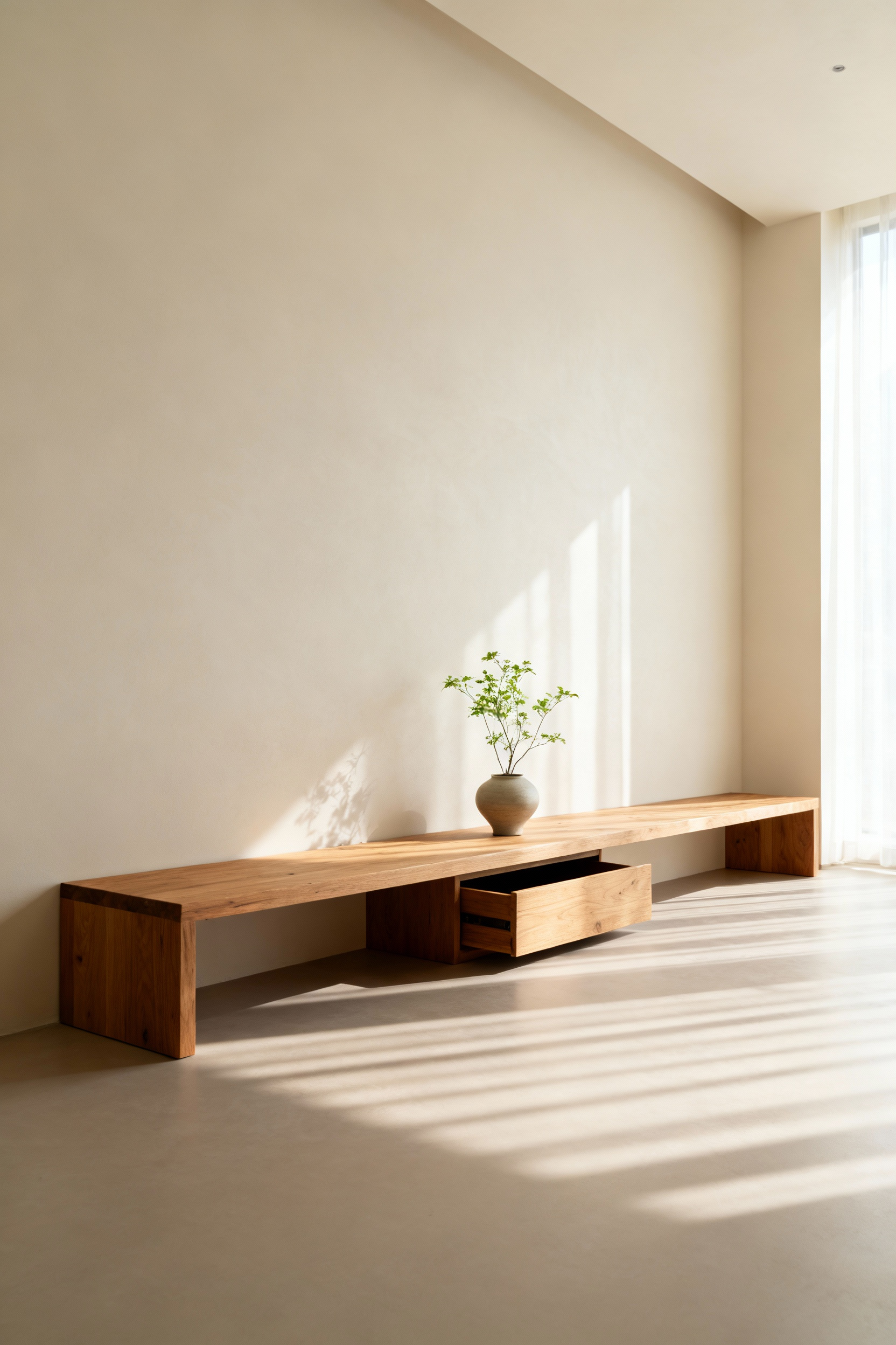 A minimalist balcony designed for visual quietude with conscious decluttering, featuring a streamlined wooden bench, simple plant, and integrated storage, bathed in soft daylight. Balcony decor focused on peace and clarity.