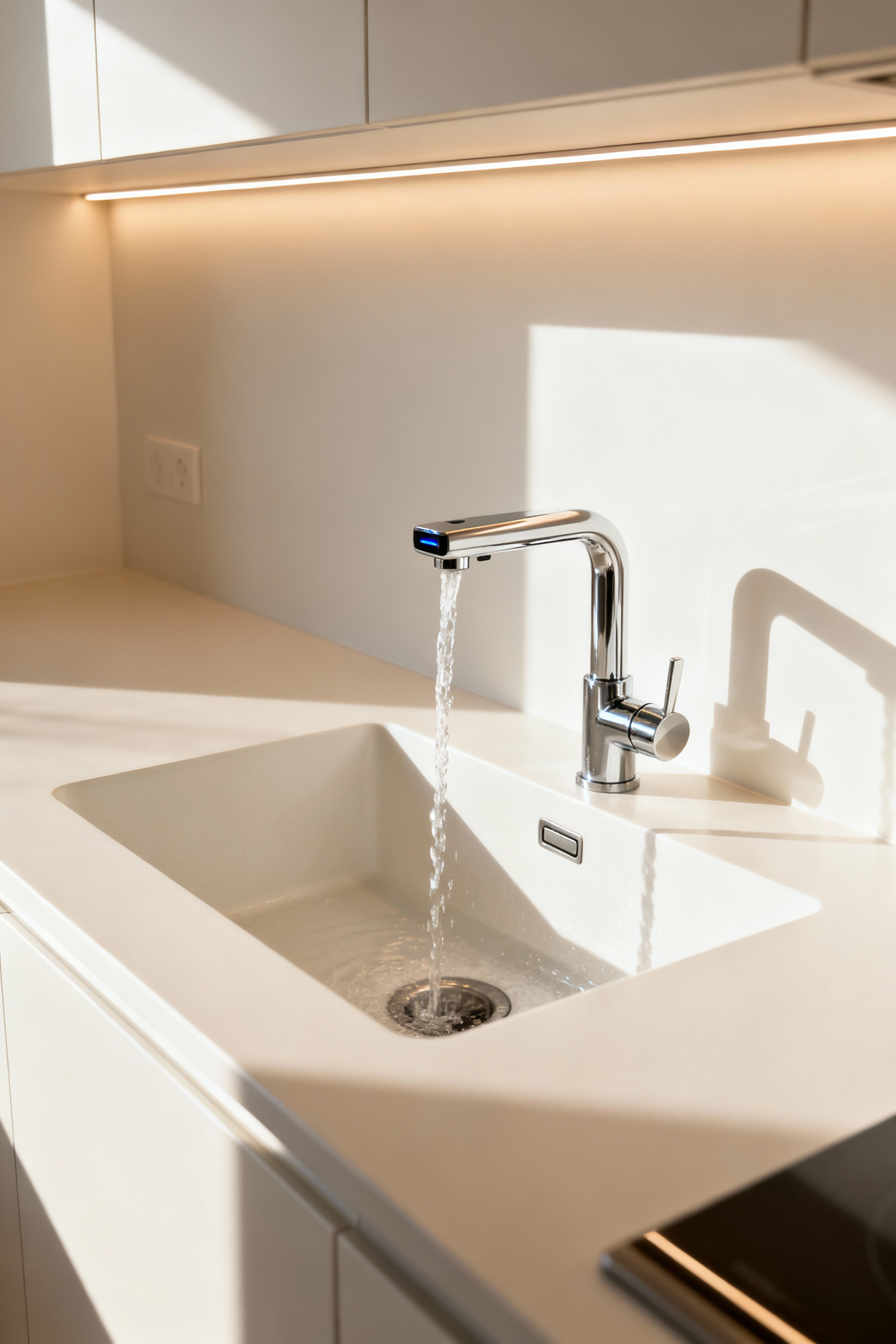 Modern kitchen with a sleek touchless infrared sensor faucet over a clean sink, featuring minimalist design and subtle LED lighting. Enhances hygiene and workflow.