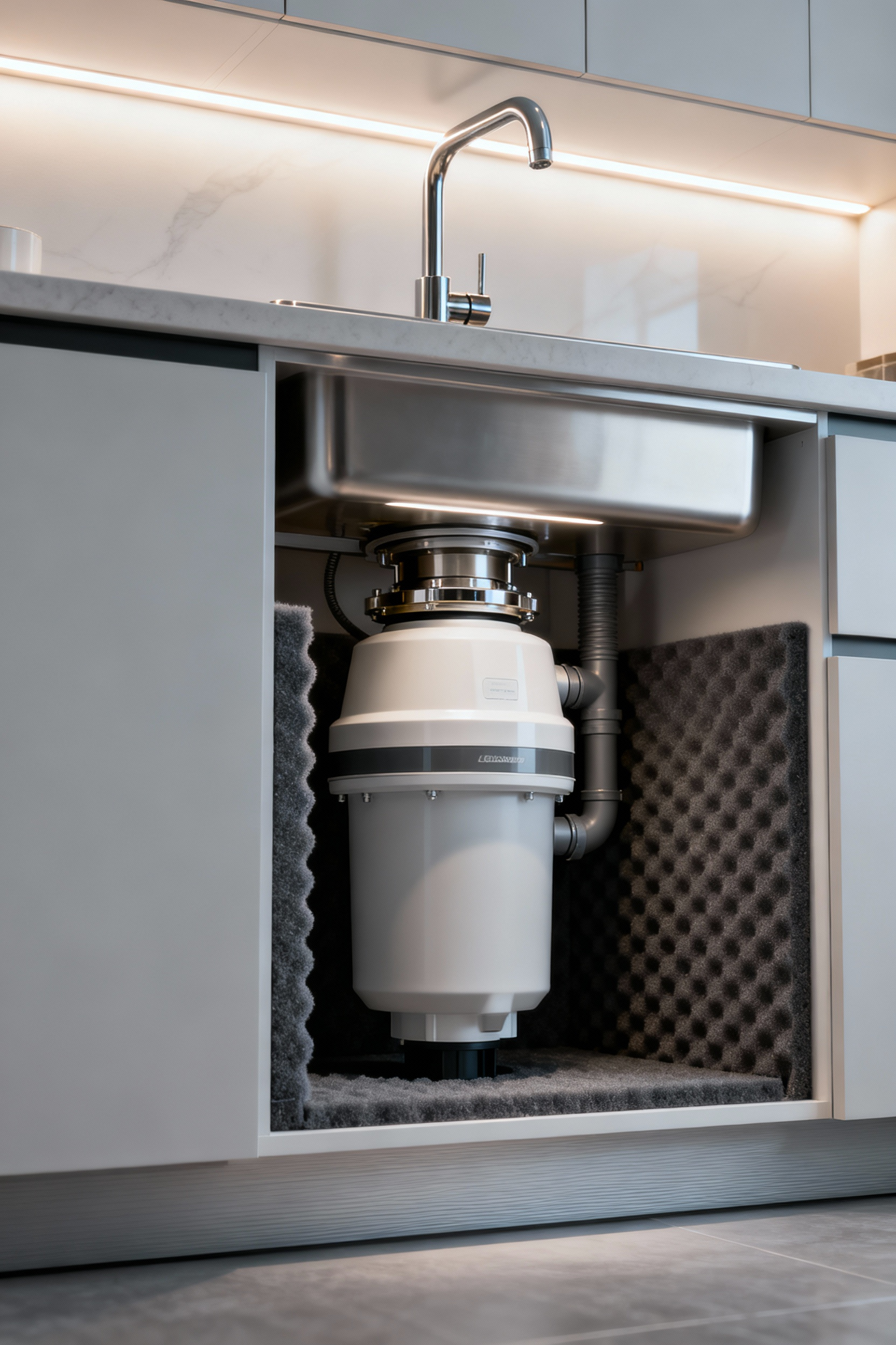 Modern kitchen sink with an advanced, quiet waste disposal unit subtly integrated underneath, emphasizing efficient, low-noise operation.