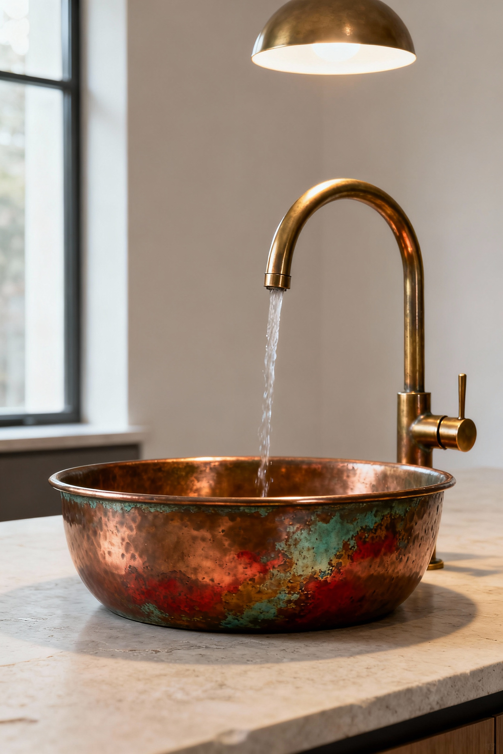 Close-up view of a modern unlacquered copper and brass kitchen sink displaying a beautiful, evolving natural patina with shades of green, brown, and deep reds, reflecting a stream of water from a modern faucet.