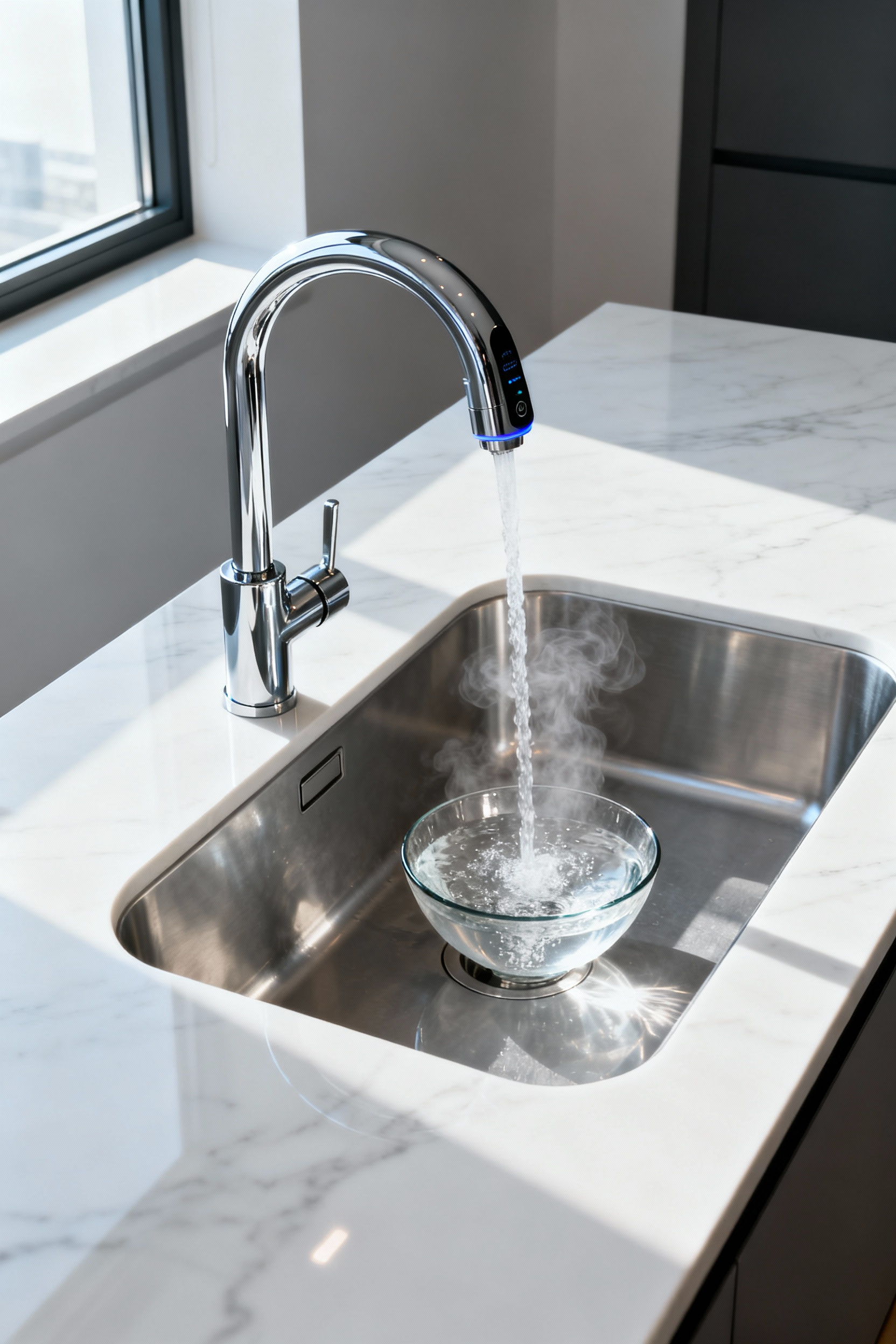 Modern kitchen sink with a sleek, chrome voice-activated smart faucet delivering a precise stream of water into a glass bowl, showcasing calibrated temperature and volume in a minimalist, marble countertop setting under natural light.