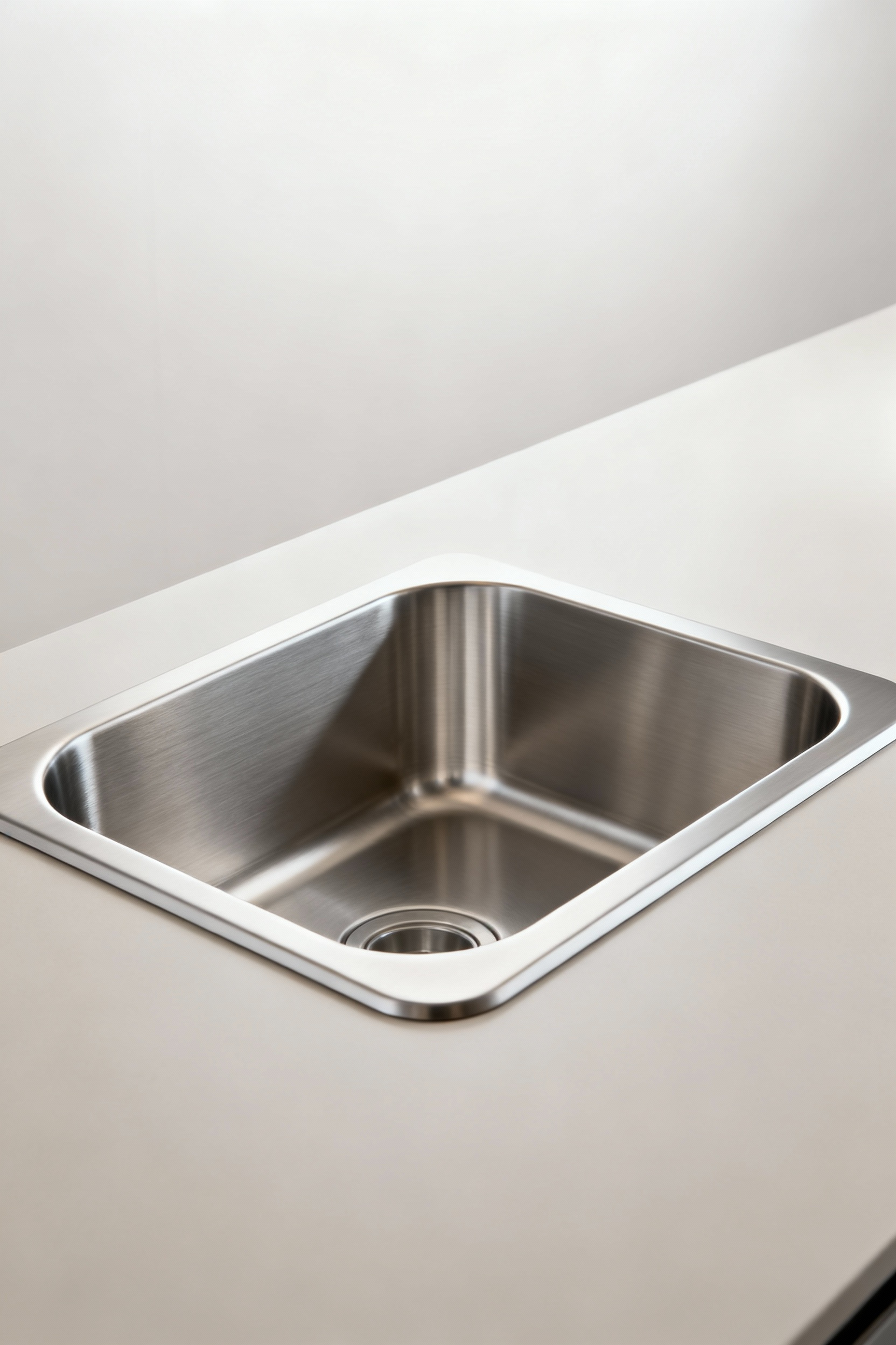 Close-up of a modern, minimalist 16-gauge brushed stainless steel kitchen sink, highlighting its precision engineering and high-quality finish in a contemporary kitchen.