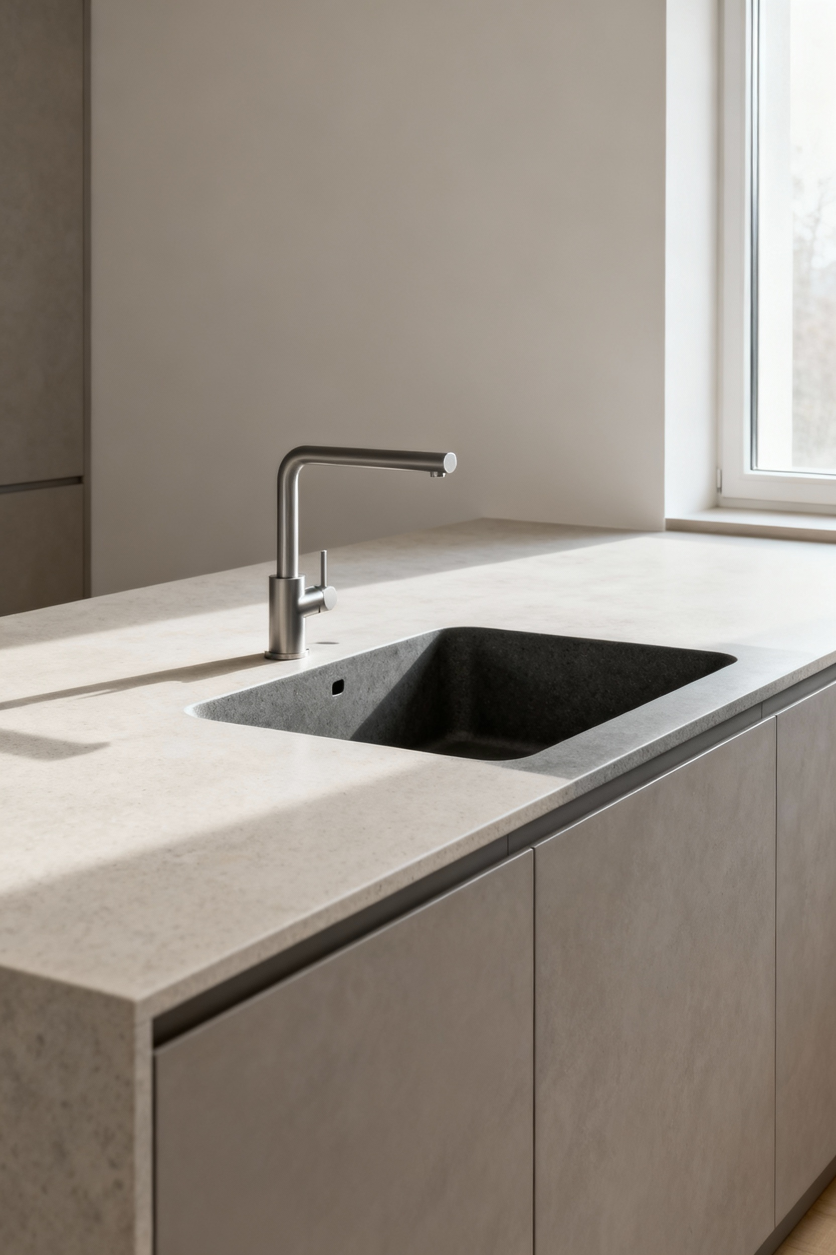 Portrait view of a minimalist Scandinavian kitchen featuring a deep, dark natural stone composite sink seamlessly integrated into a light quartz countertop, showcasing its elegant density and architectural form.