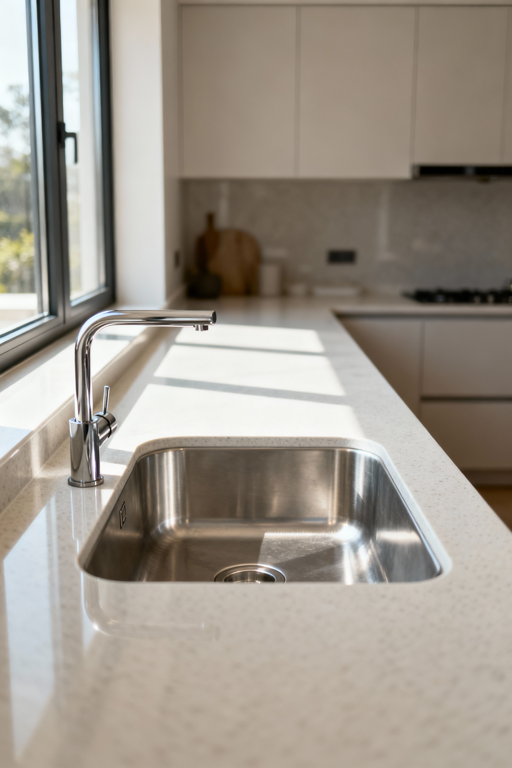Modern kitchen with a seamless under-mount stainless steel sink integrated into a light quartz countertop, highlighting maximized counterspace and easy cleaning.