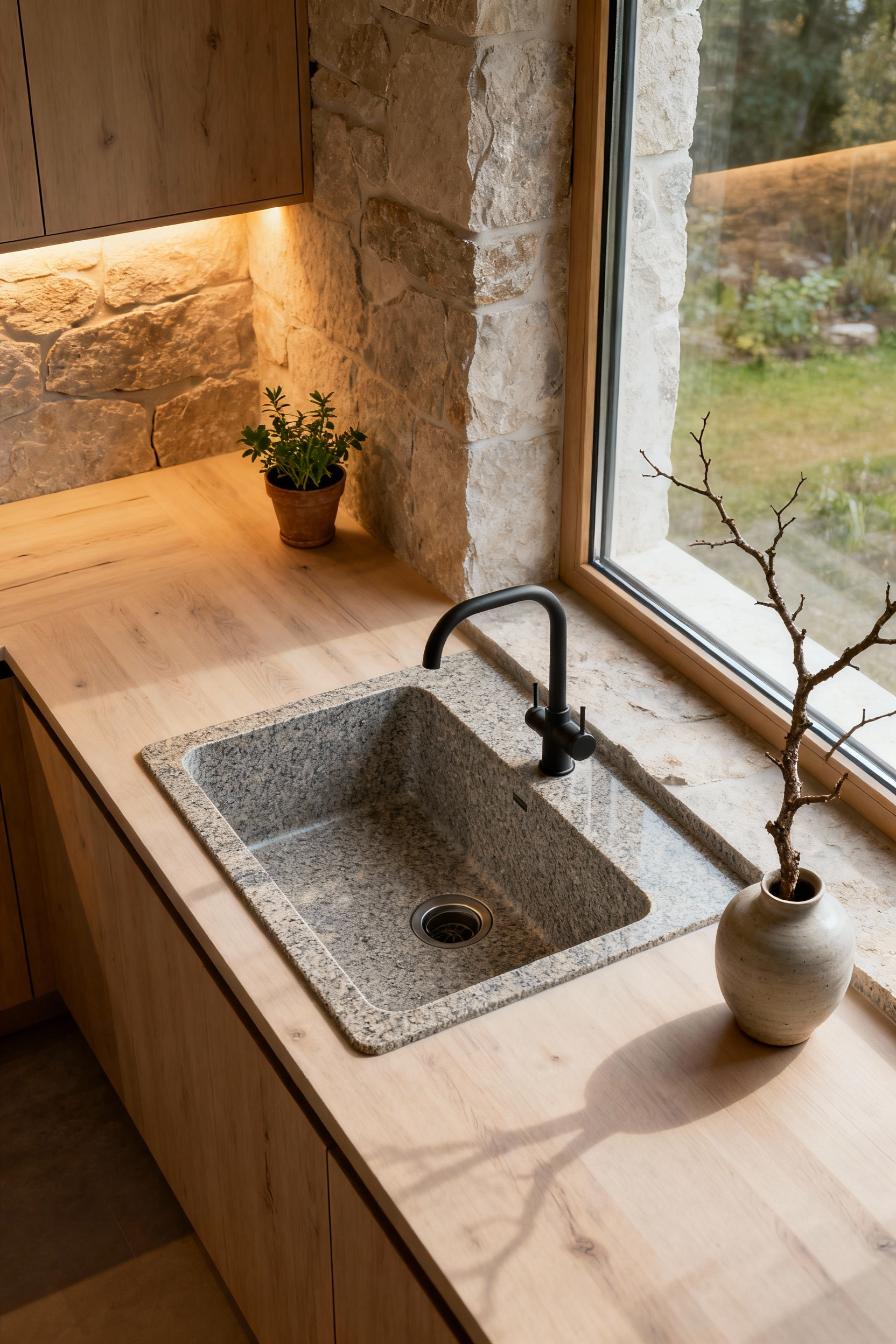 Modern kitchen sink incorporating biophilic design principles with a quartz granite sink, natural lighting, botanical elements, and a serene atmosphere, designed for holistic well-being.