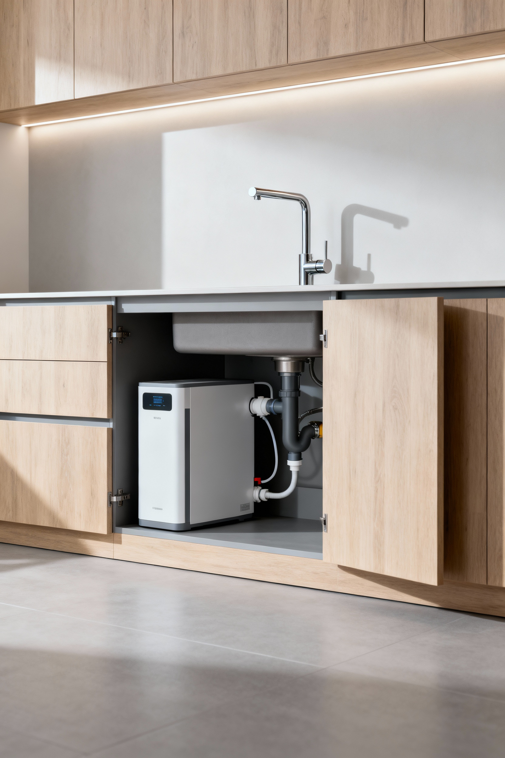 Under-sink view of a sleek, modern subterranean water filtration module installed discreetly beneath a contemporary kitchen sink, showcasing pristine water quality.