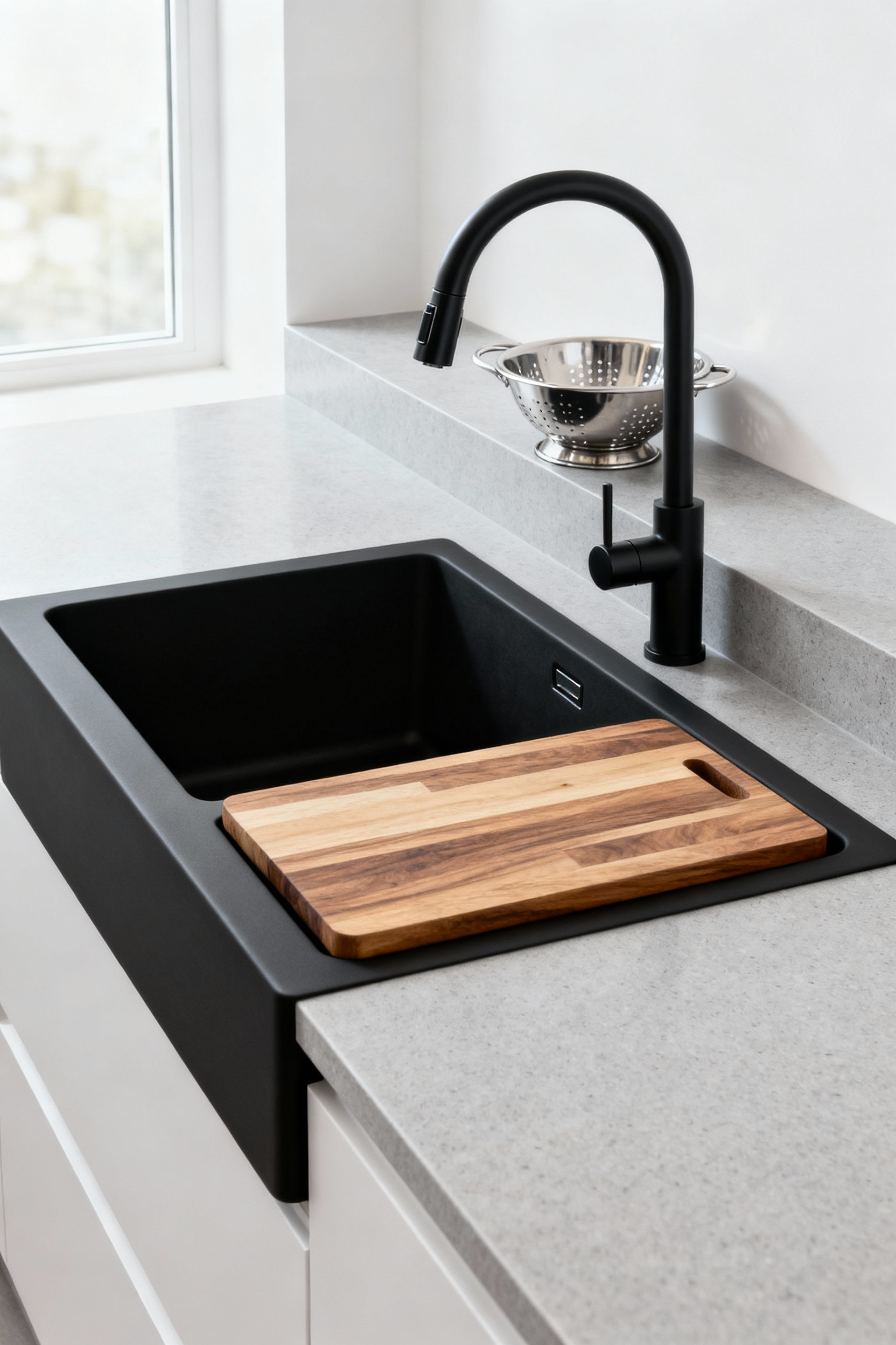Modern kitchen sink demonstrating anticipatory design principles with an integrated cutting board and colander, creating an intuitive culinary workflow space.