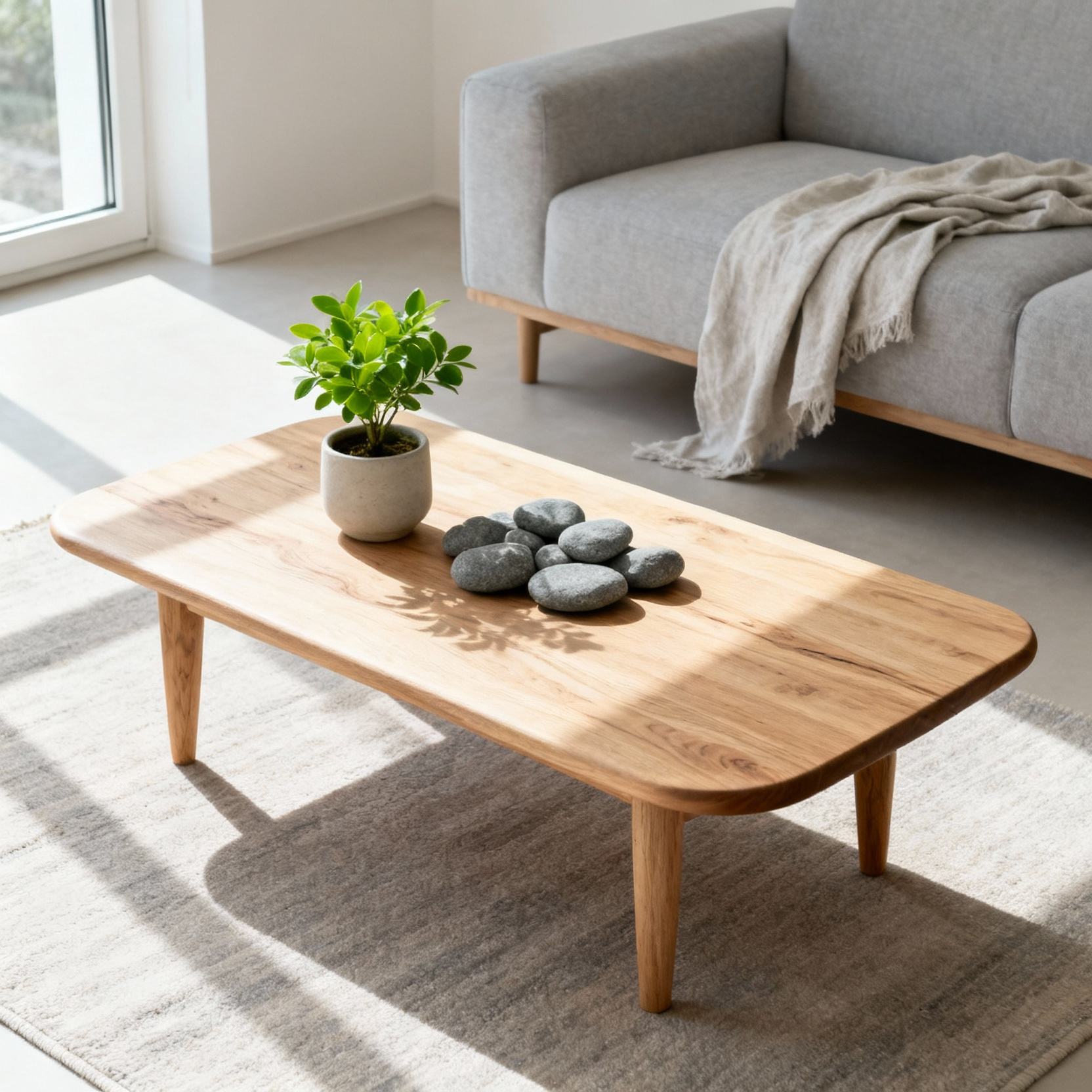 Nordic style coffee table crafted from light oak wood, adorned with a potted green houseplant and smooth river stones, illuminated by soft natural light, showcasing biophilic design for a calm living room.