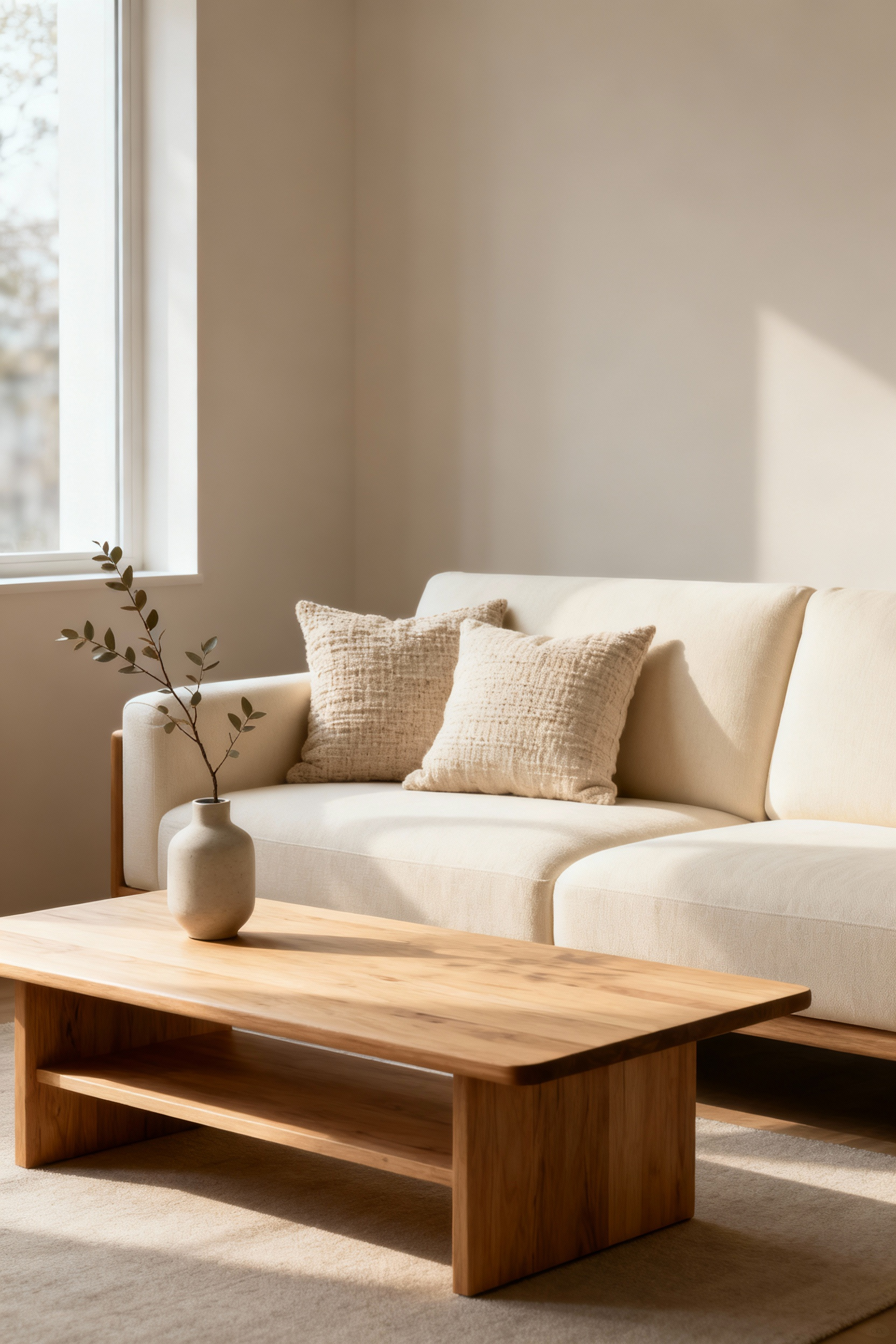 Nordic living room with a perfectly sized light wood coffee table next to a cream sofa, demonstrating optimal coffee table proportion for comfort and aesthetic balance, captured in soft natural light.