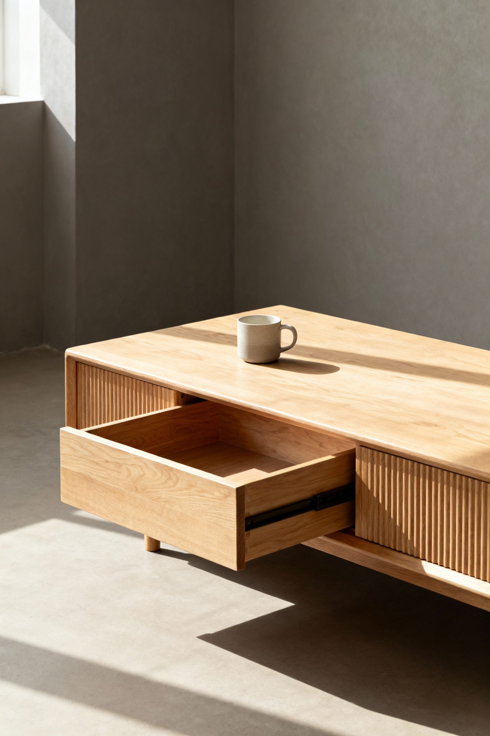 Nordic coffee table with discreet integrated storage solutions, promoting a clutter-free and calm living room aesthetic.