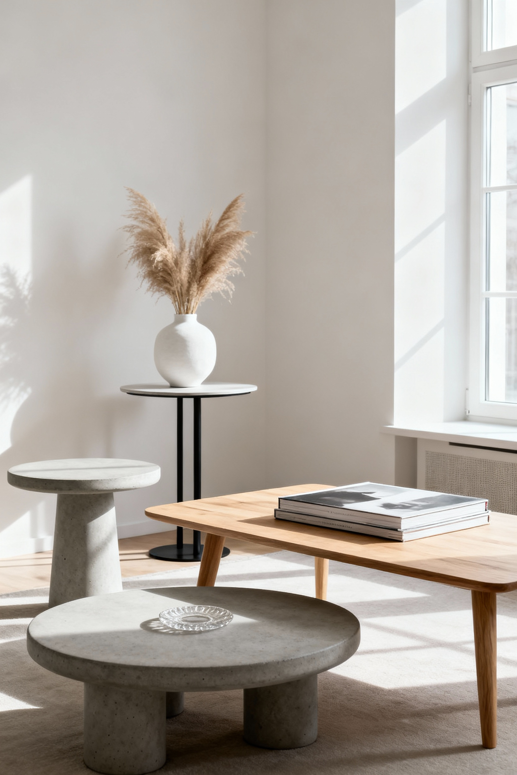 Nordic living room with multiple coffee tables at varied heights creating layered visual interest and spatial depth.