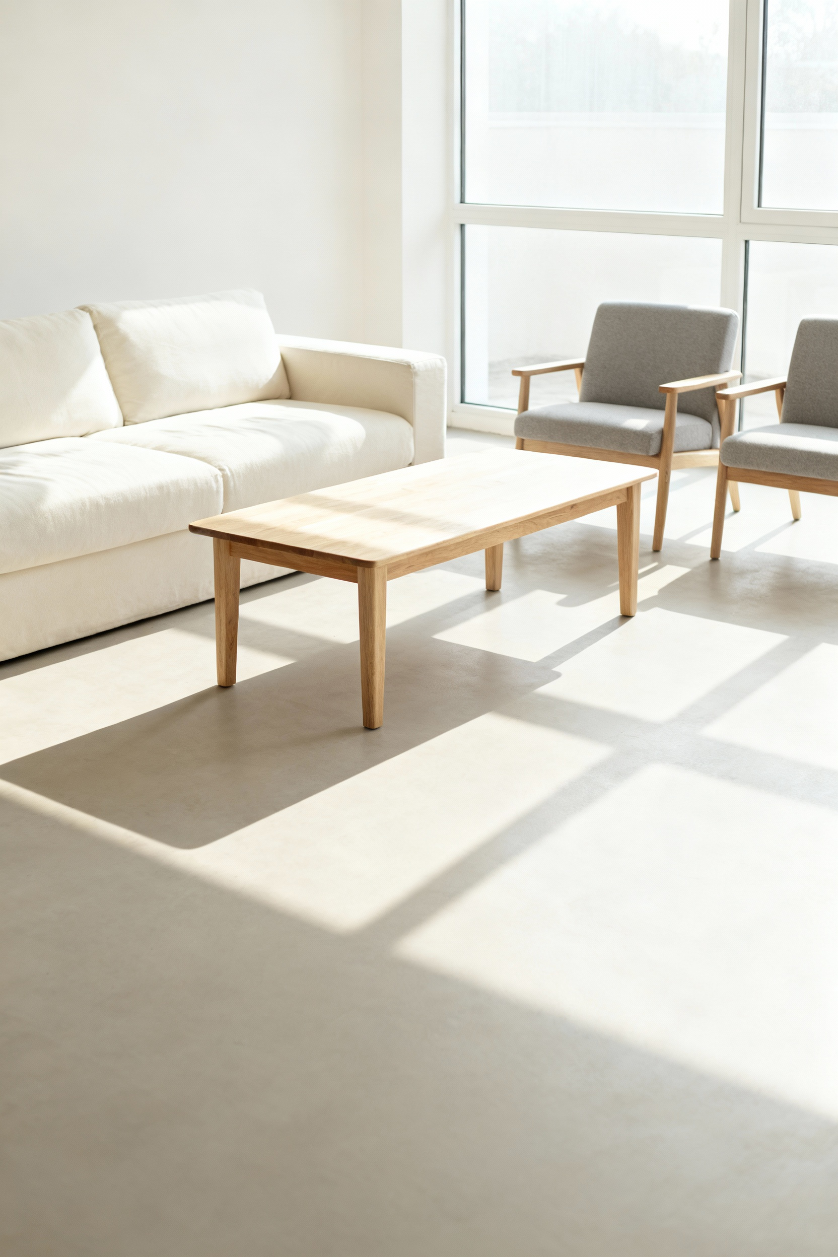 Thoughtful coffee table placement in a Nordic living room, showcasing wide clearances and unobstructed pathways for seamless traffic flow, promoting a harmonious and open spatial design.
