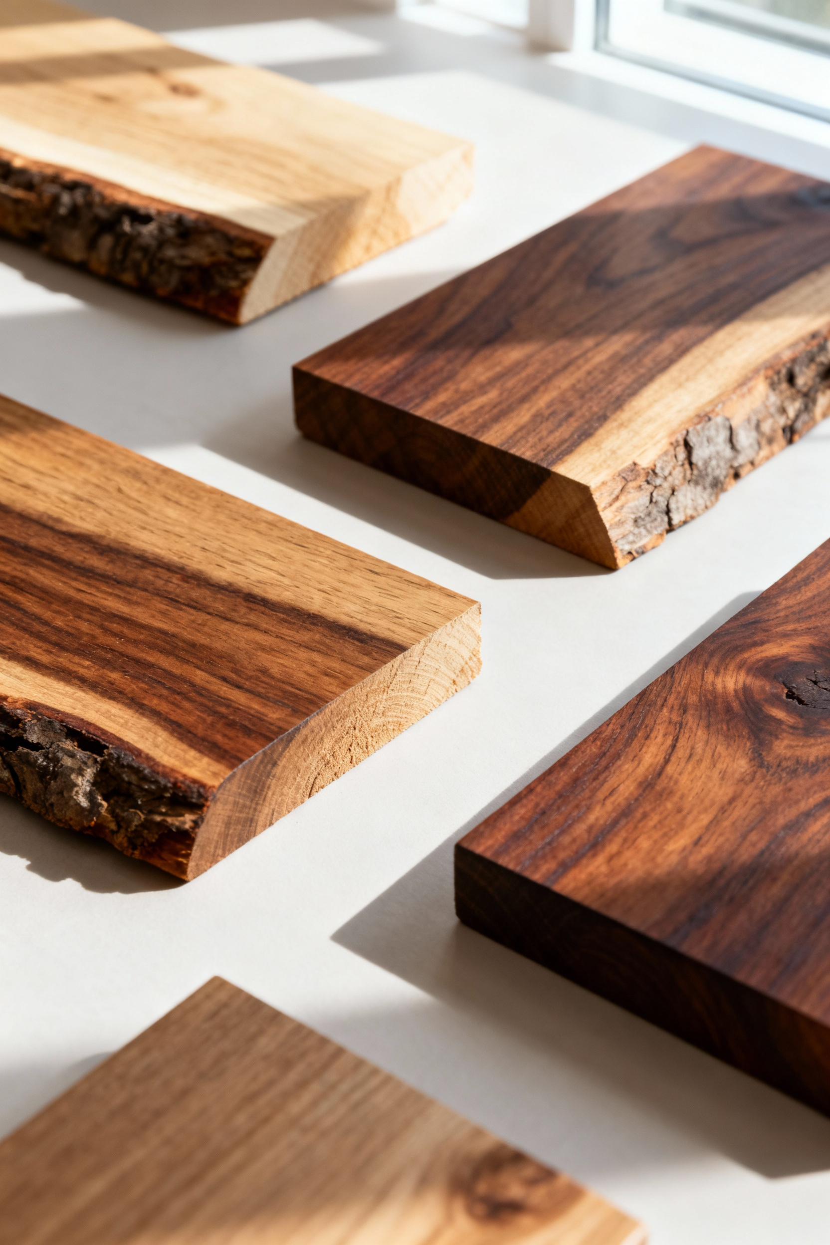 Close-up of naturally patinated oak, teak, and ash timber samples, showcasing their rich, authentic wood grain and varied color depths under soft light, representing enduring quality.