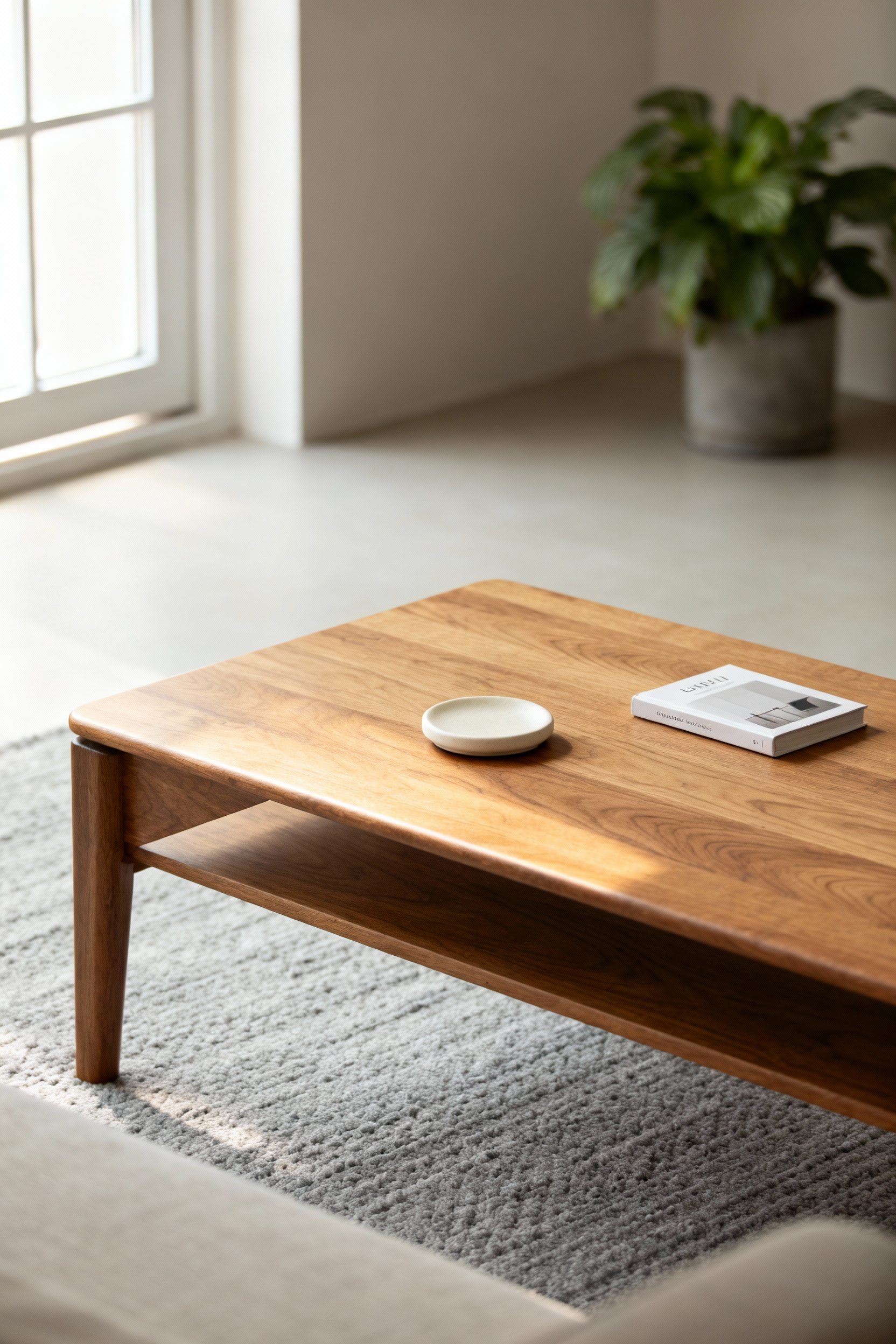 Solid oak Nordic coffee table with natural oil finish, showcasing minimalist design and a coaster, in a brightly lit, clean living room. Focus on low maintenance aesthetic.