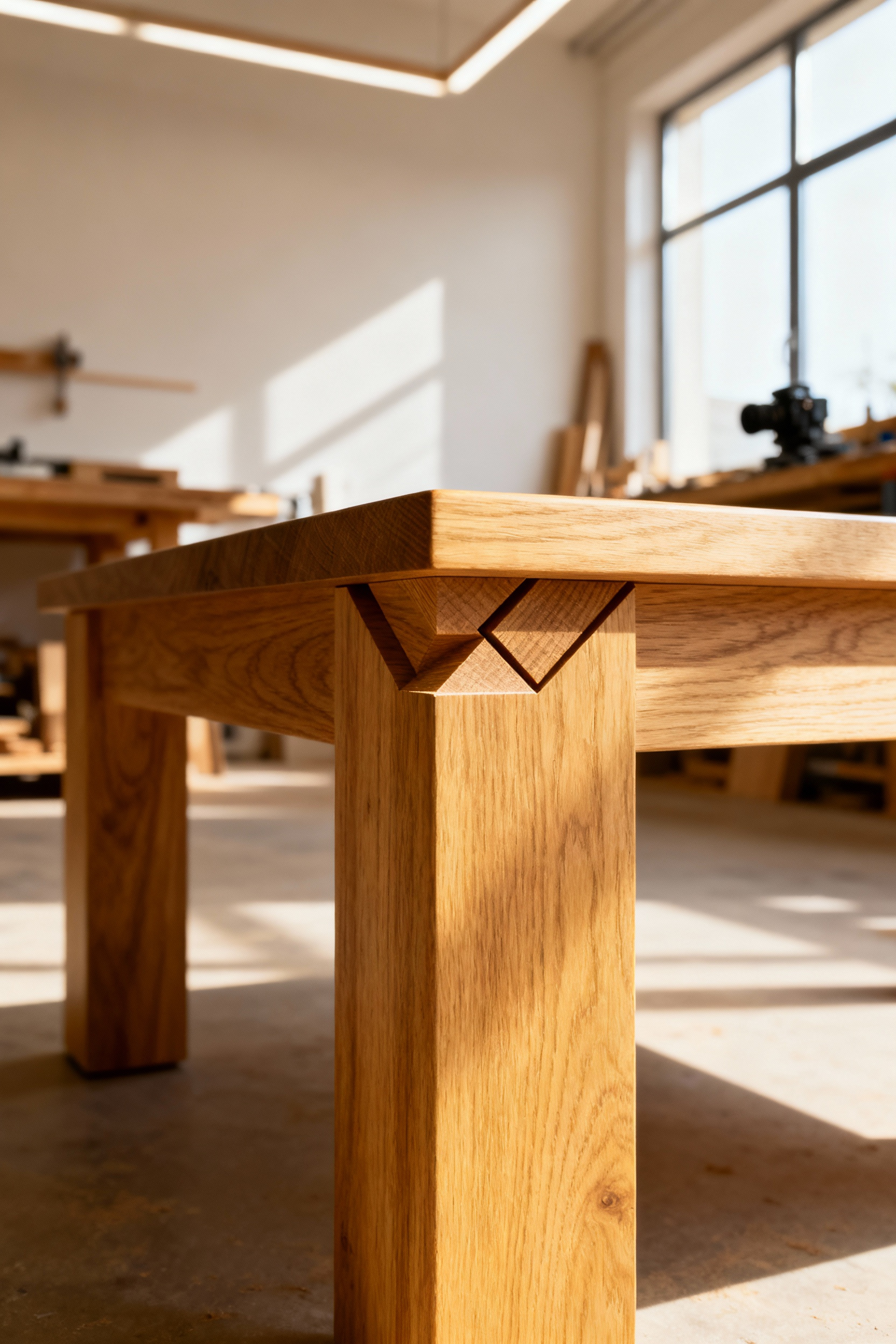 Close-up of a meticulously crafted oak dovetail joint on a Nordic coffee table, highlighting the structural strength and aesthetic purity of joinery excellence.