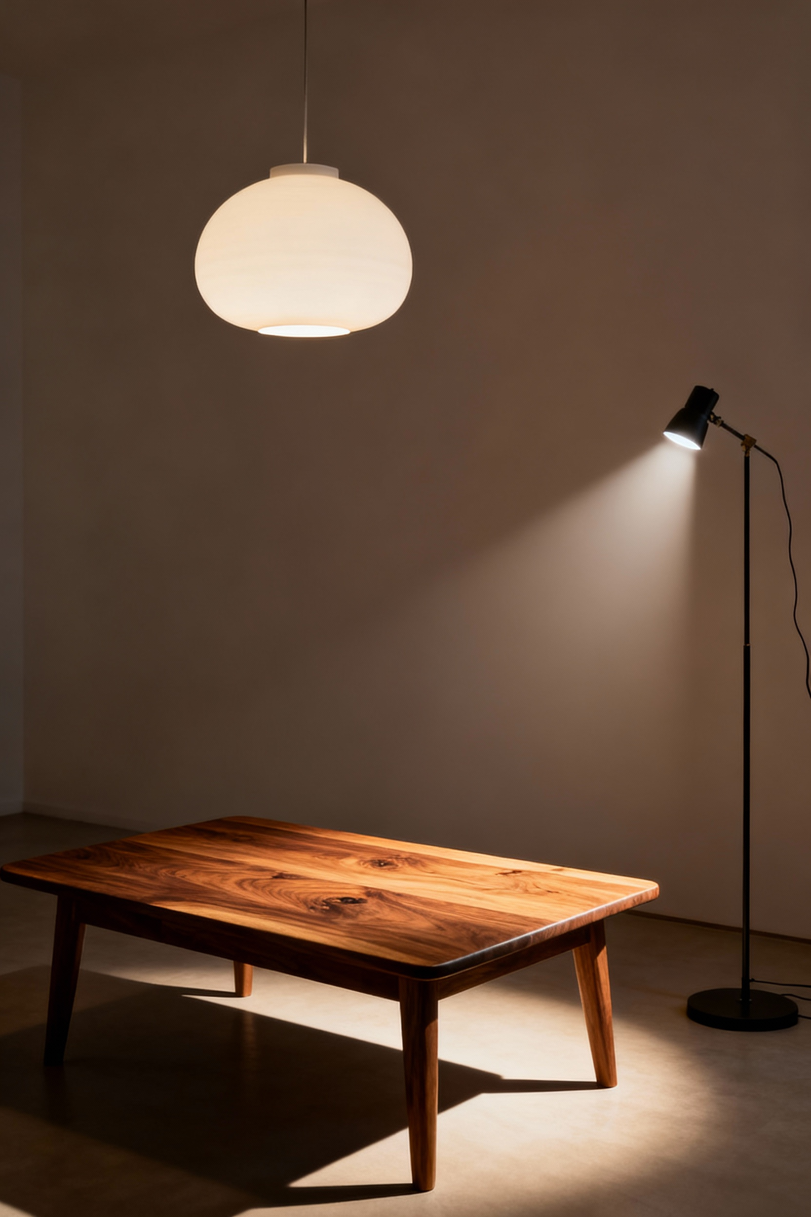 Nordic coffee table made of solid oak, illuminated by warm, diffused ambient lighting. The light highlights the intricate wood grain and material depth in a minimalist living room setting, creating a cozy atmosphere.