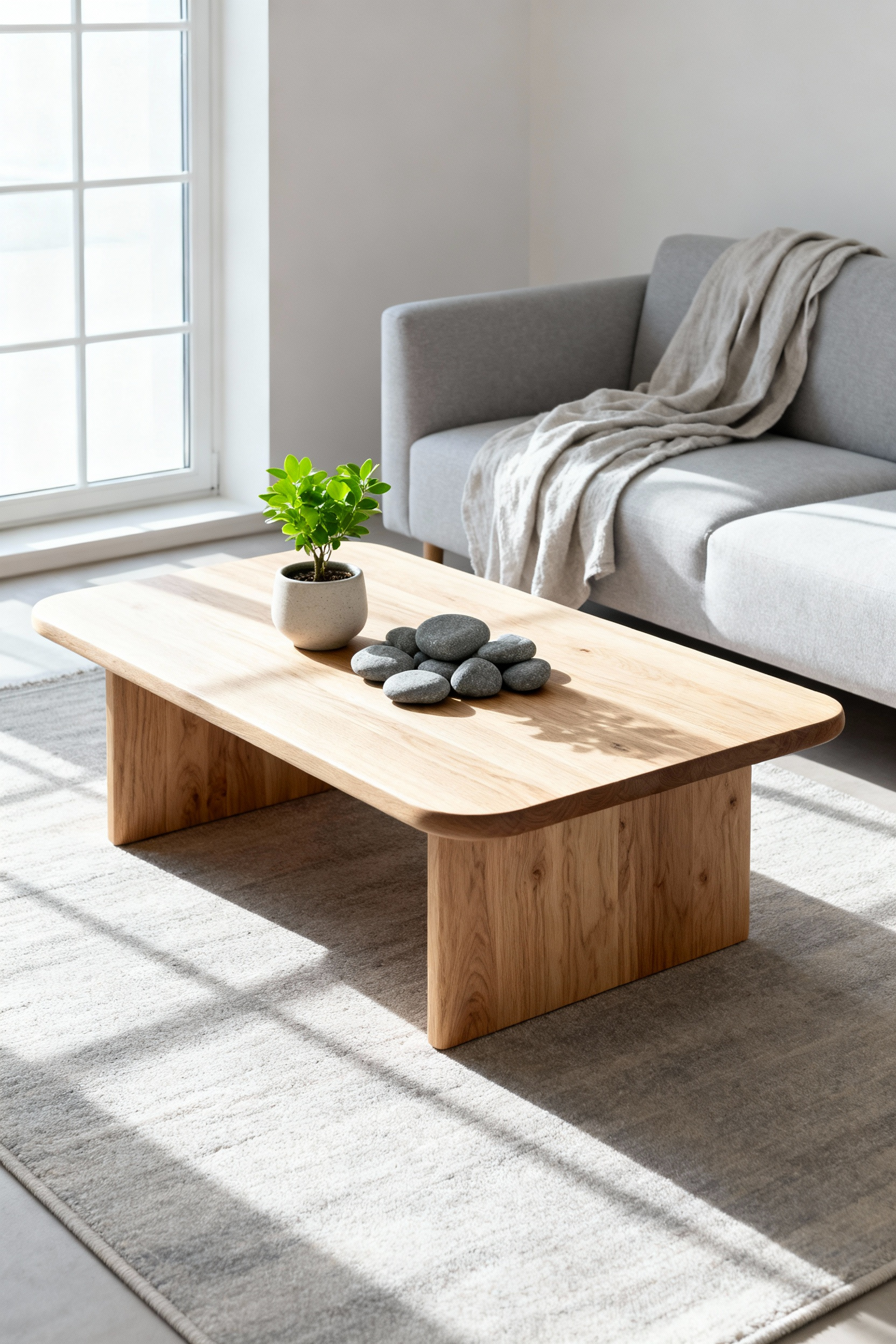 Nordic style coffee table crafted from light oak wood, adorned with a potted green houseplant and smooth river stones, illuminated by soft natural light, showcasing biophilic design for a calm living room.