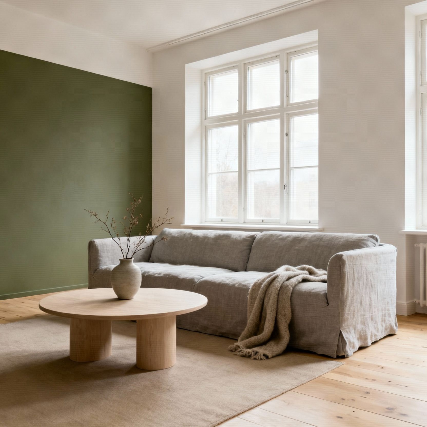 A tranquil Scandinavian living room embodying Lagom's 'just enough' philosophy, featuring a comfortable linen sofa, a simple wooden coffee table, and natural light. The uncluttered space showcases a harmonious balance of form and function with natural materials and an earthy color palette, creating a serene environment.