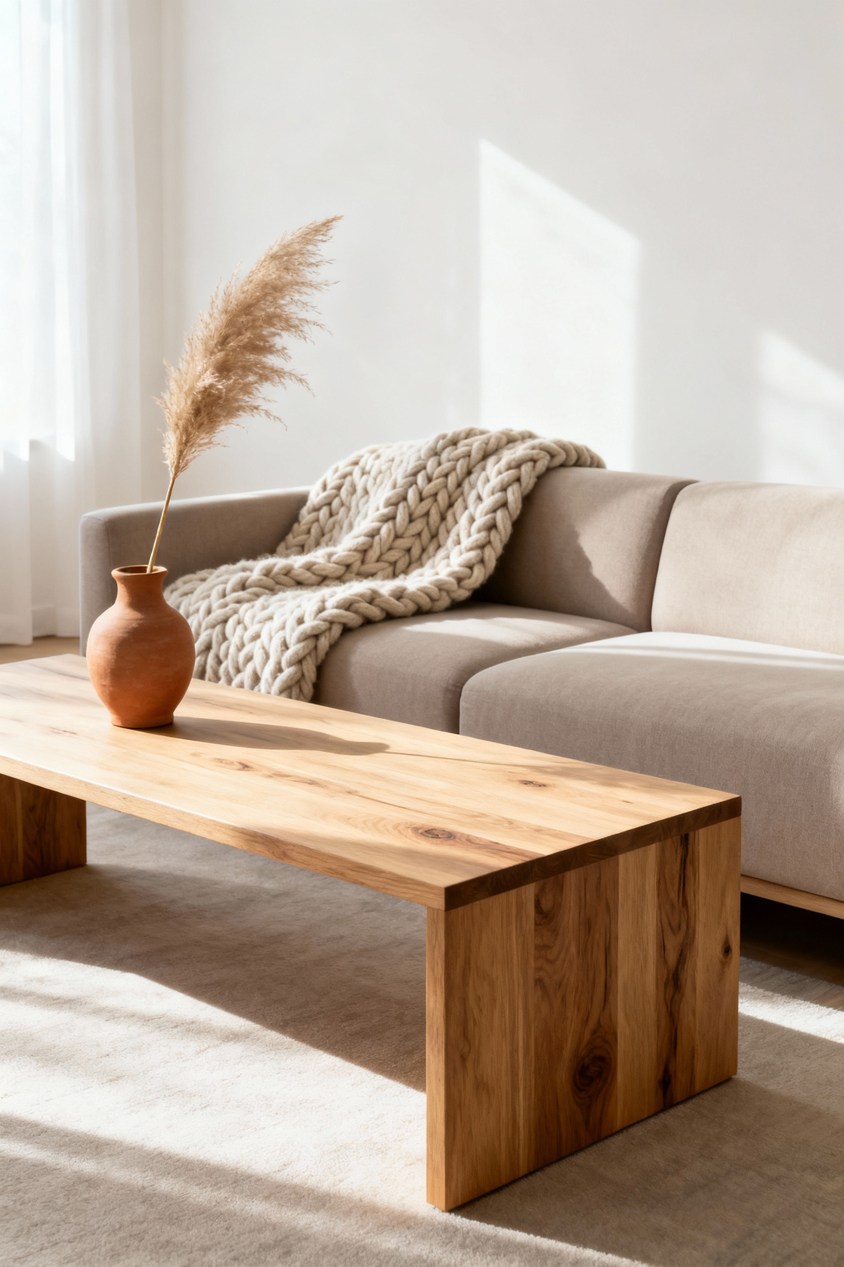 A serene Scandinavian living room showcasing ethically sourced furniture and decor. Focus on FSC-certified light wood coffee table, an OEKO-TEX certified woven throw draped over a minimalist sofa, and artisanal ceramic vase, all bathed in soft natural light, emphasizing sustainability and quality.