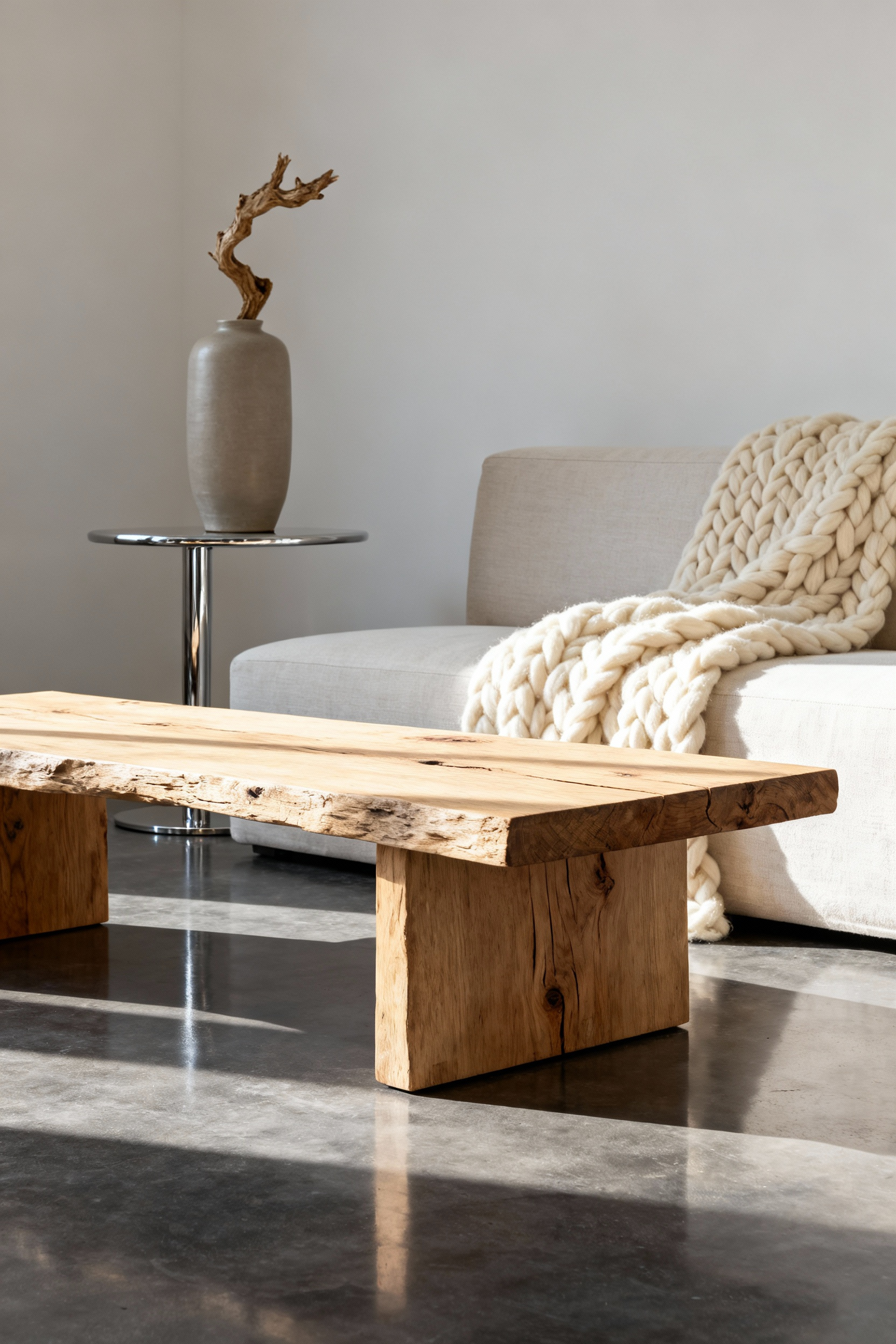 Scandinavian living room design showcasing subtle juxtaposition with a rough-hewn oak coffee table, polished concrete floor, knitted wool throw on a linen sofa, and matte ceramic with polished metal details. Visual intrigue through blending contrasts.