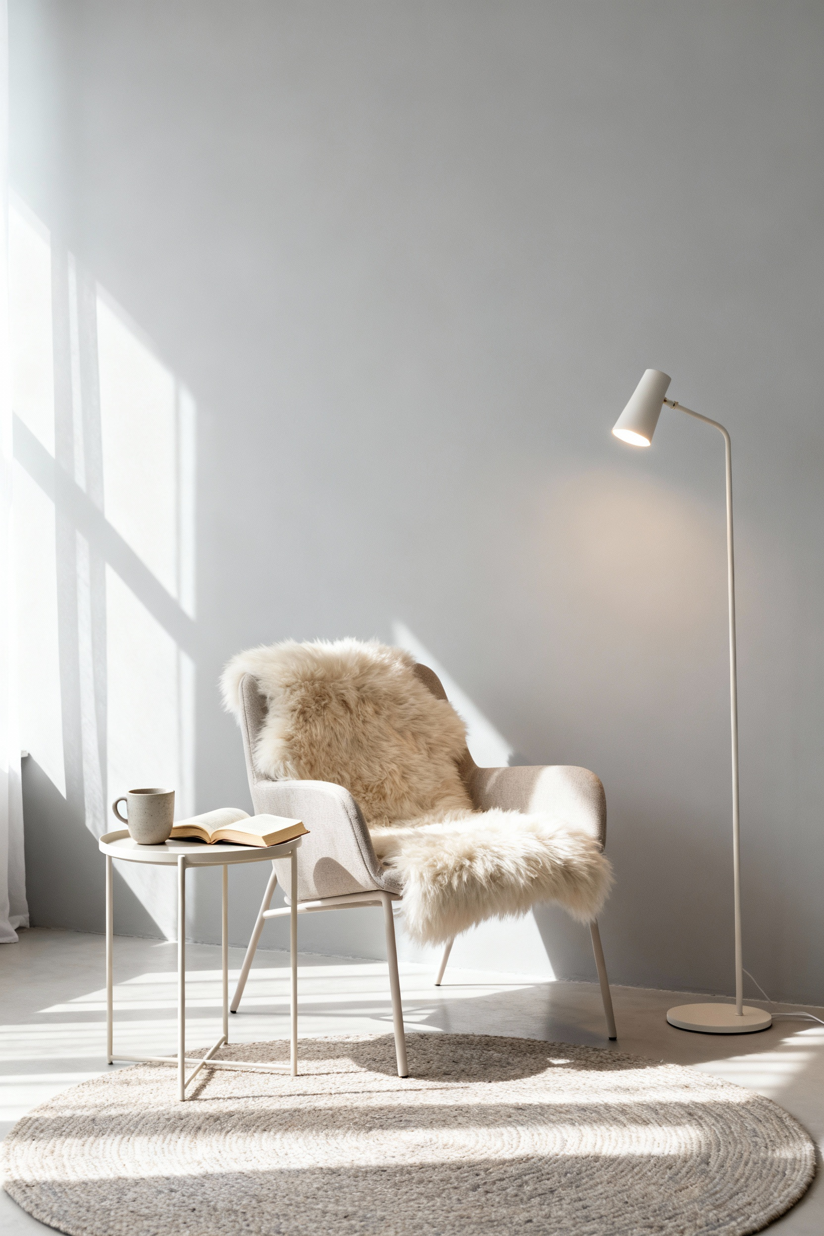 Scandinavian living room with a dedicated reading nook, cozy armchair, soft lighting, and minimalist decor defining a micro-environment for intimate engagement.