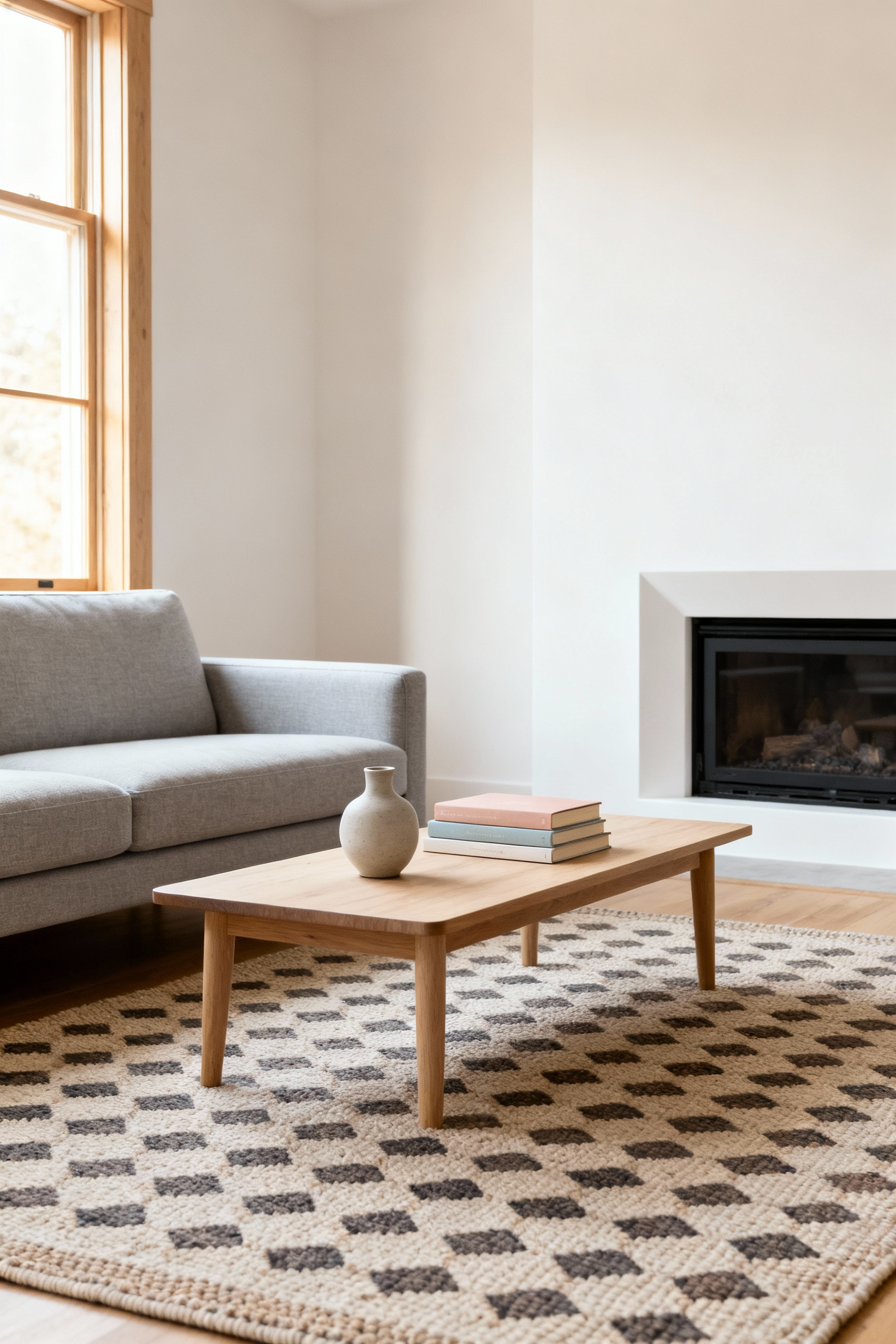 Scandinavian living room with furniture and decor arranged following Gestalt principles for visual coherence and calmness, featuring natural light, minimalist design, and clean lines.