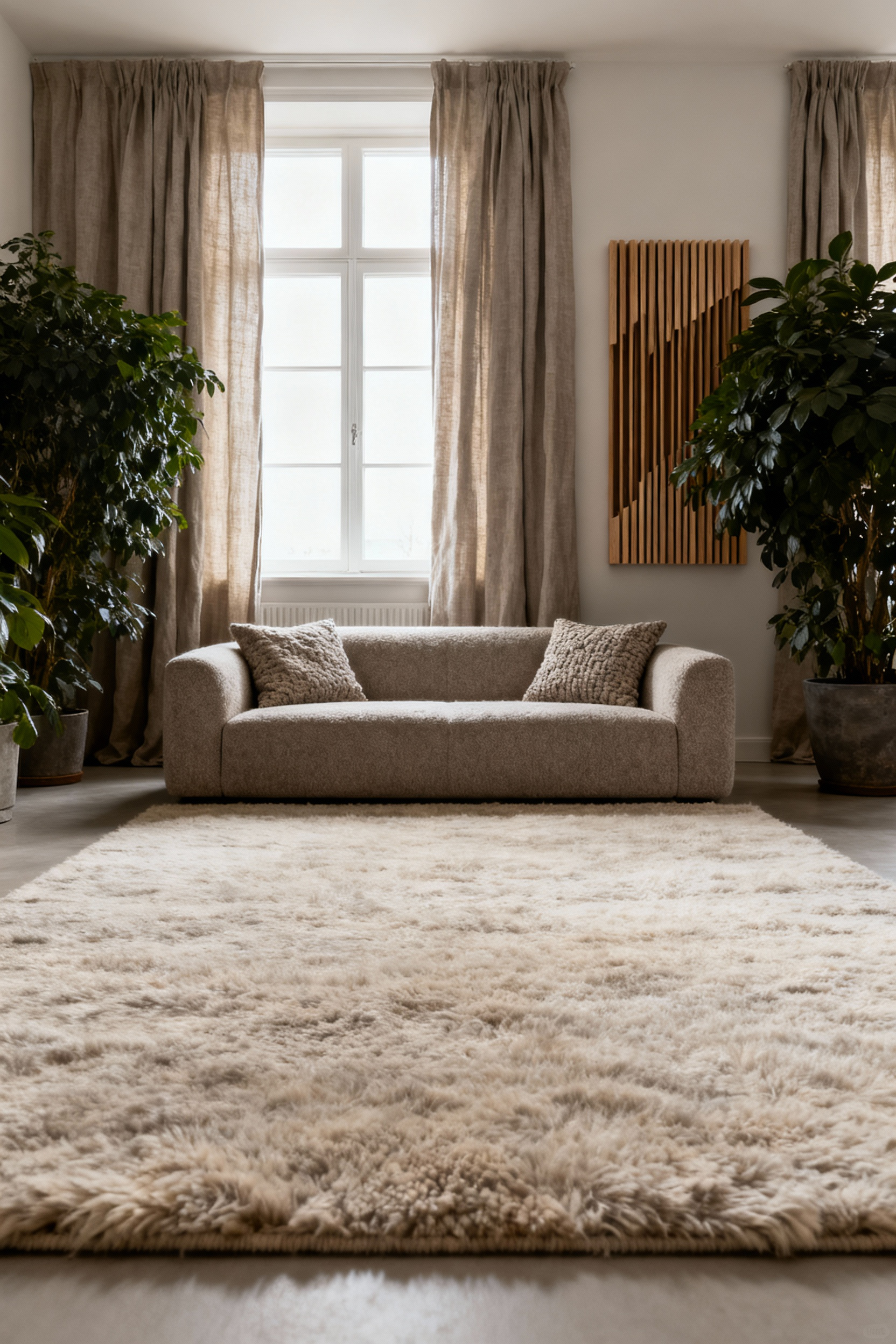 Scandinavian living room designed for acoustic comfort, featuring a large wool rug, heavy linen drapes, upholstered sofa, acoustic wood panel art, and large potted plants. The scene is bright with natural light, evoking tranquility and aural serenity without people.