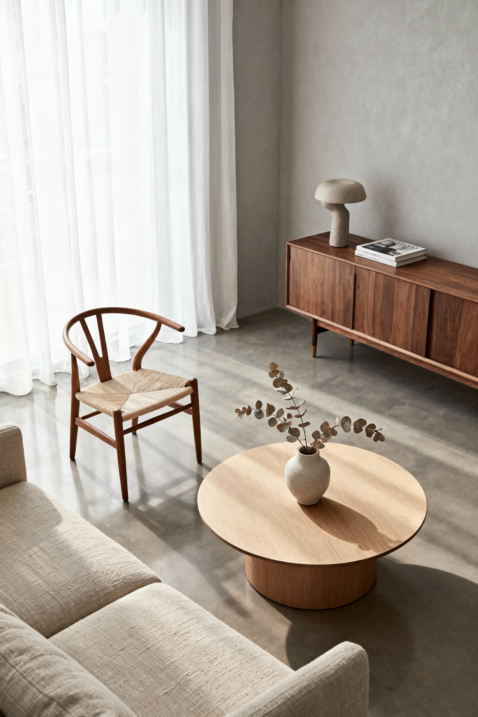 A modern Scandinavian living room interior with a Wishbone chair, sleek wooden credenza, and an iconic lamp, showcasing enduring design.