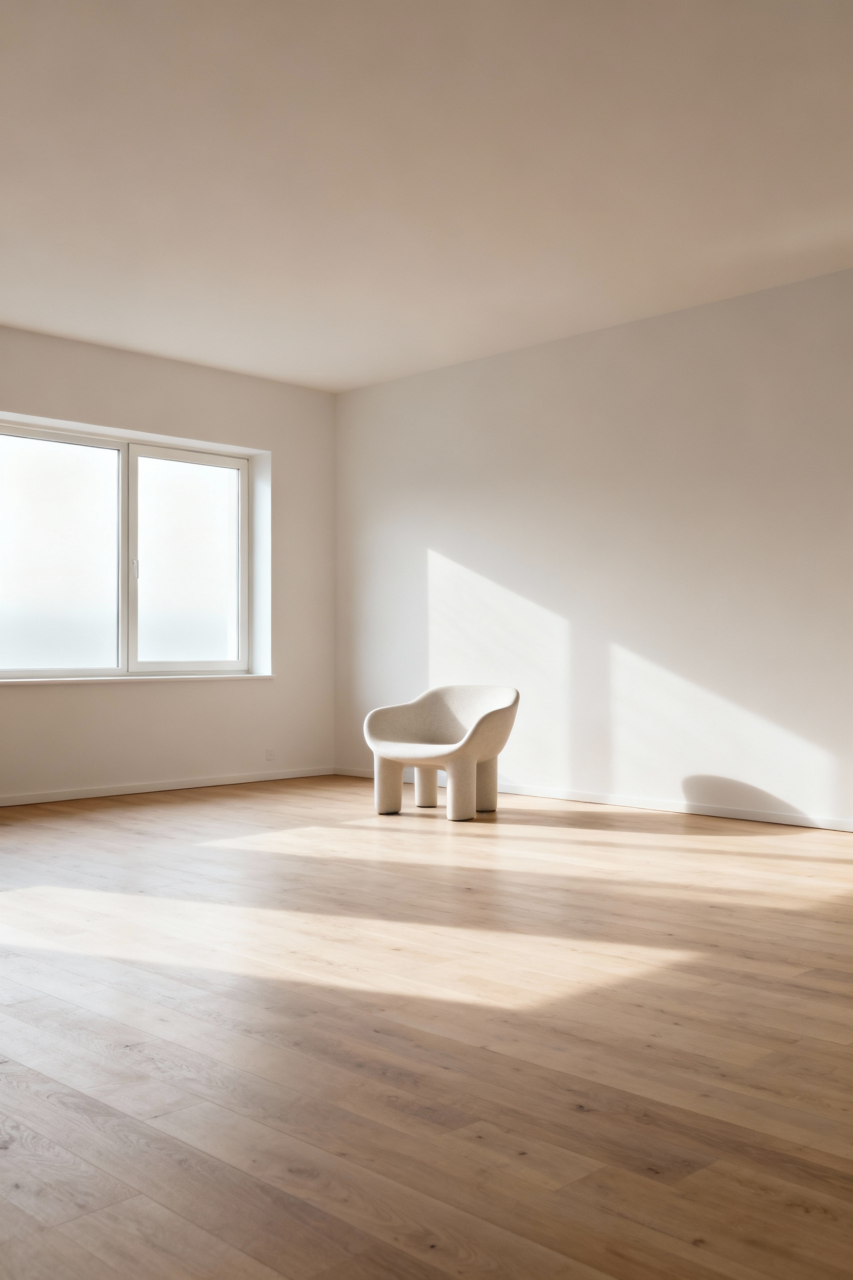 Serene Scandinavian living room emphasizing negative space with minimal furniture, light wood floor, and abundant natural light showcasing unfurnished volume and peaceful design.
