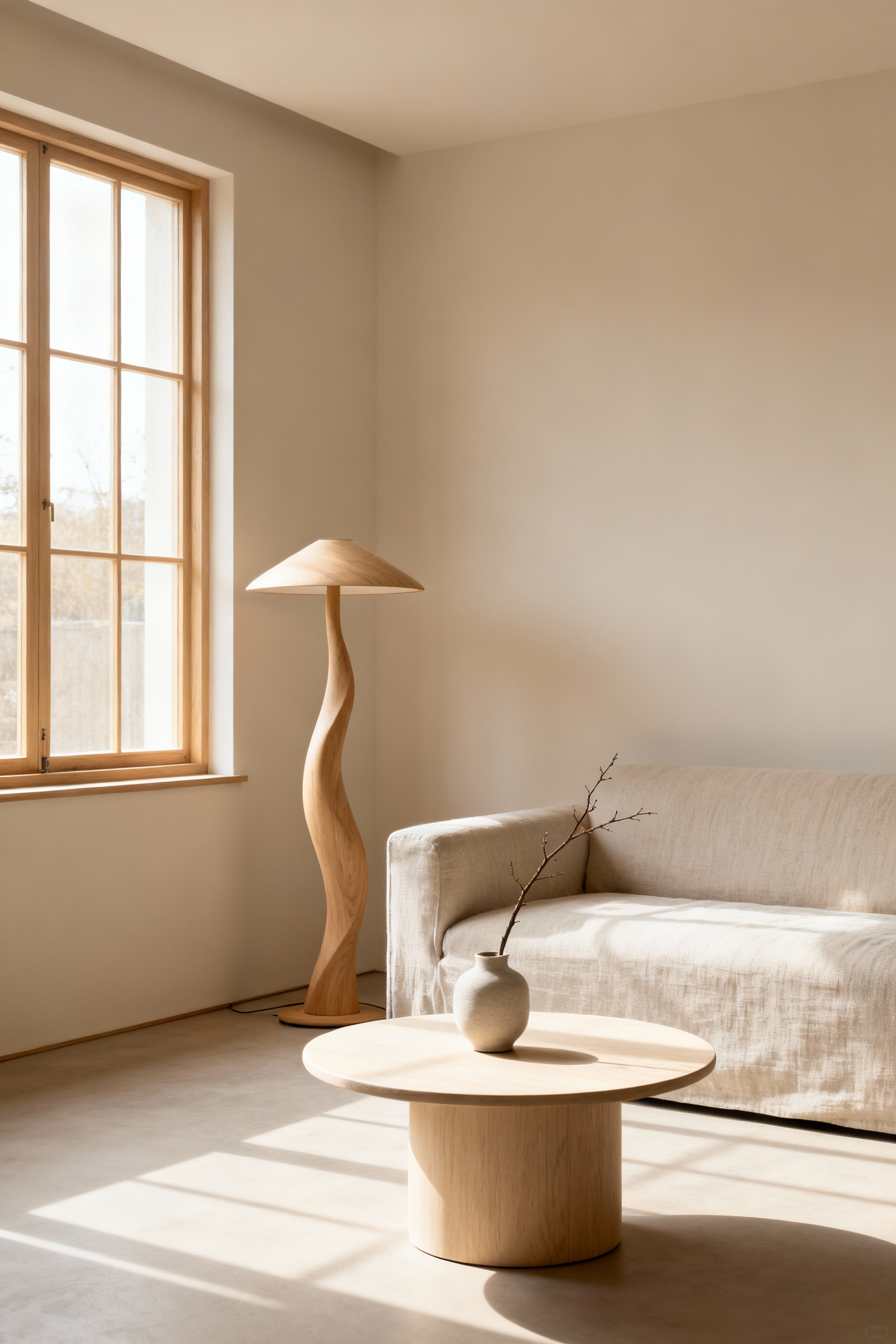 Minimalist Scandinavian living room with a single elegant floor lamp, neutral-toned sofa, and light wood furniture, embodying the art of mindful editing and uncluttered harmony.
