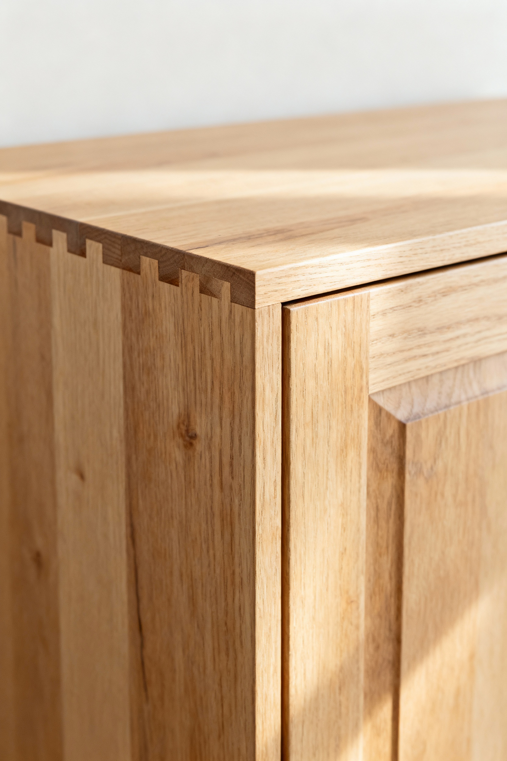 Close-up of a light oak cabinet corner showcasing precise dovetail joinery and a bespoke lye finish in a serene Scandinavian living room.