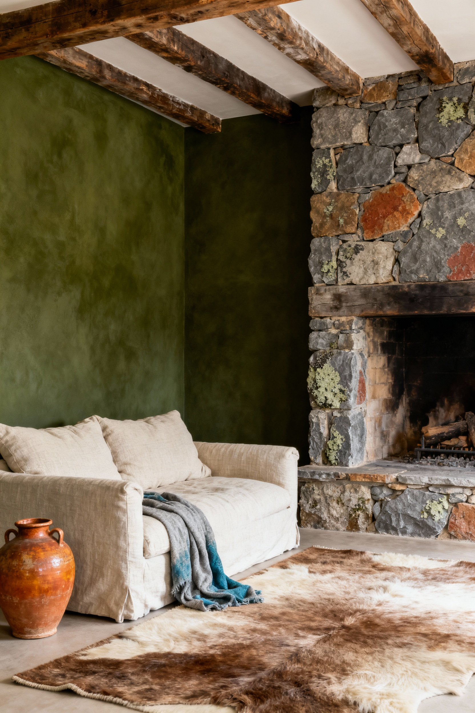 A rustic living room with a color scheme inspired by natural earthen palettes, featuring moss green walls, a stone fireplace, linen sofa, and accents in terracotta, indigo, and lichen grey. The room evokes a sense of natural harmony and historical authenticity, free from objects indicating budget, time, distance, or size.