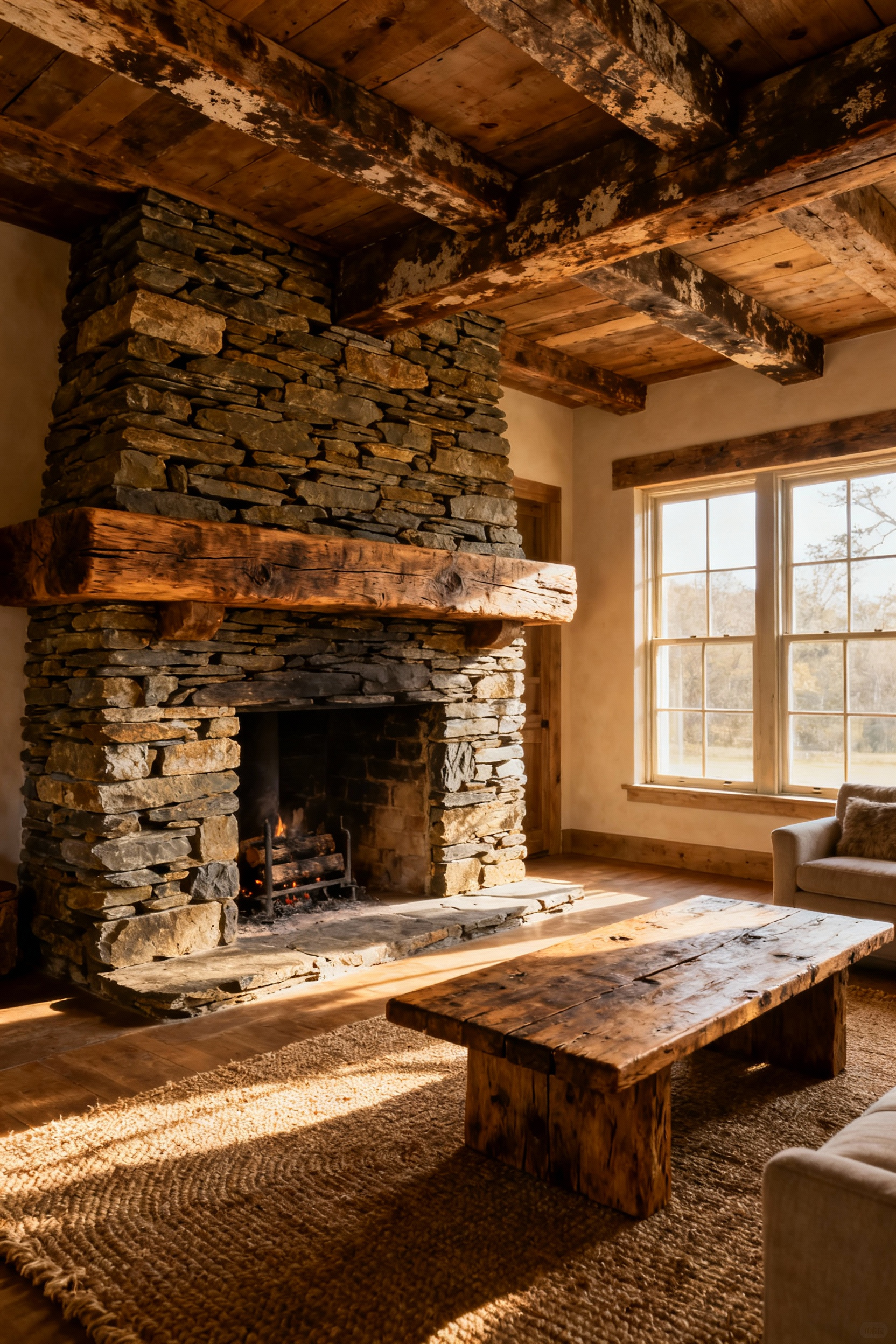 A rustic living room with a large, dry-stack schist stone fireplace and hand-hewn oak beams on the ceiling, emphasizing authentic materials and historical design principles for rustic living room restoration.