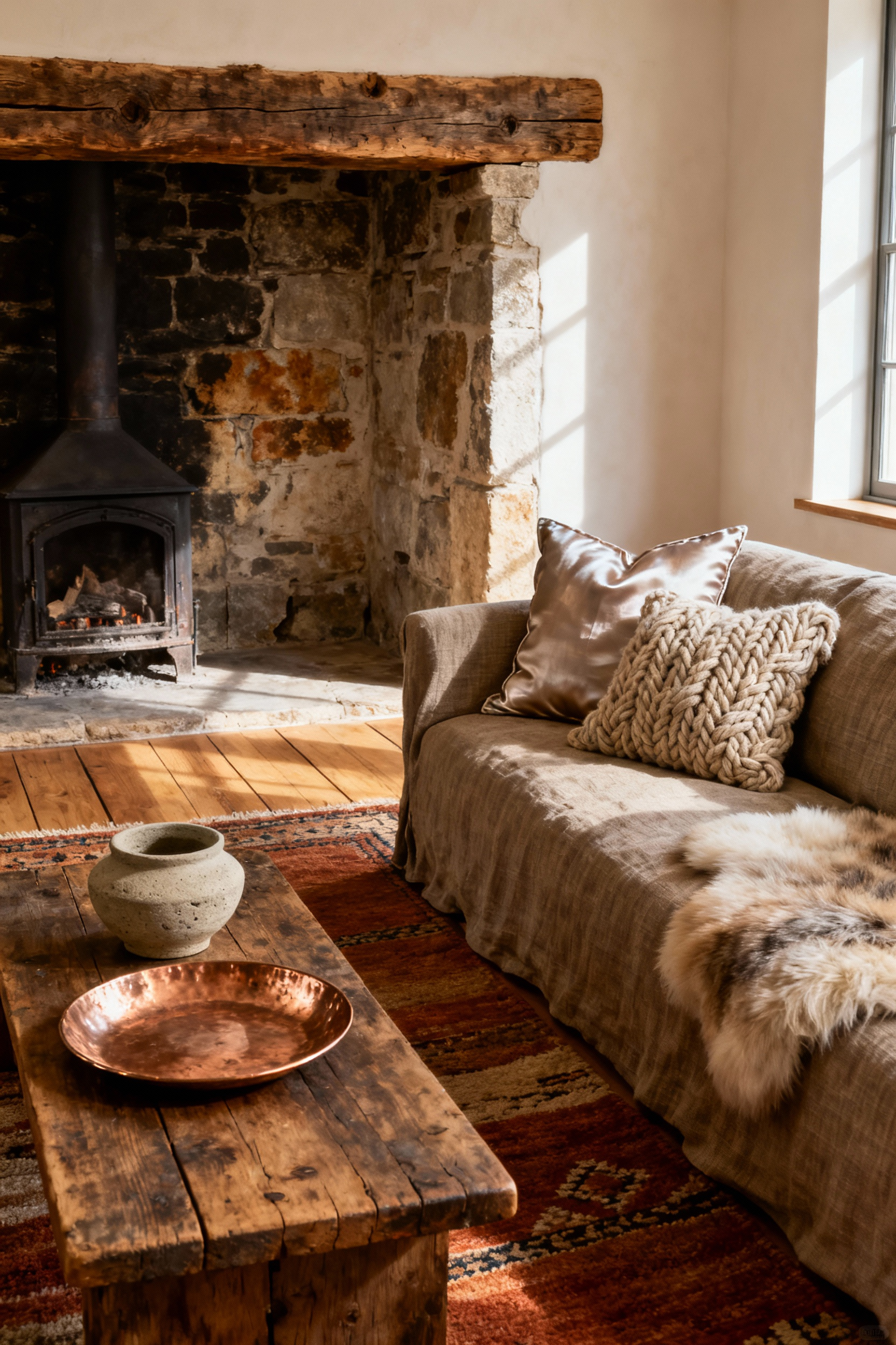 A cozy rustic living room featuring a rich array of layered textures, including a rough stone fireplace, a linen sofa with wool and silk pillows, a hand-knotted rug on a wooden floor, and a reclaimed wood coffee table with stoneware.