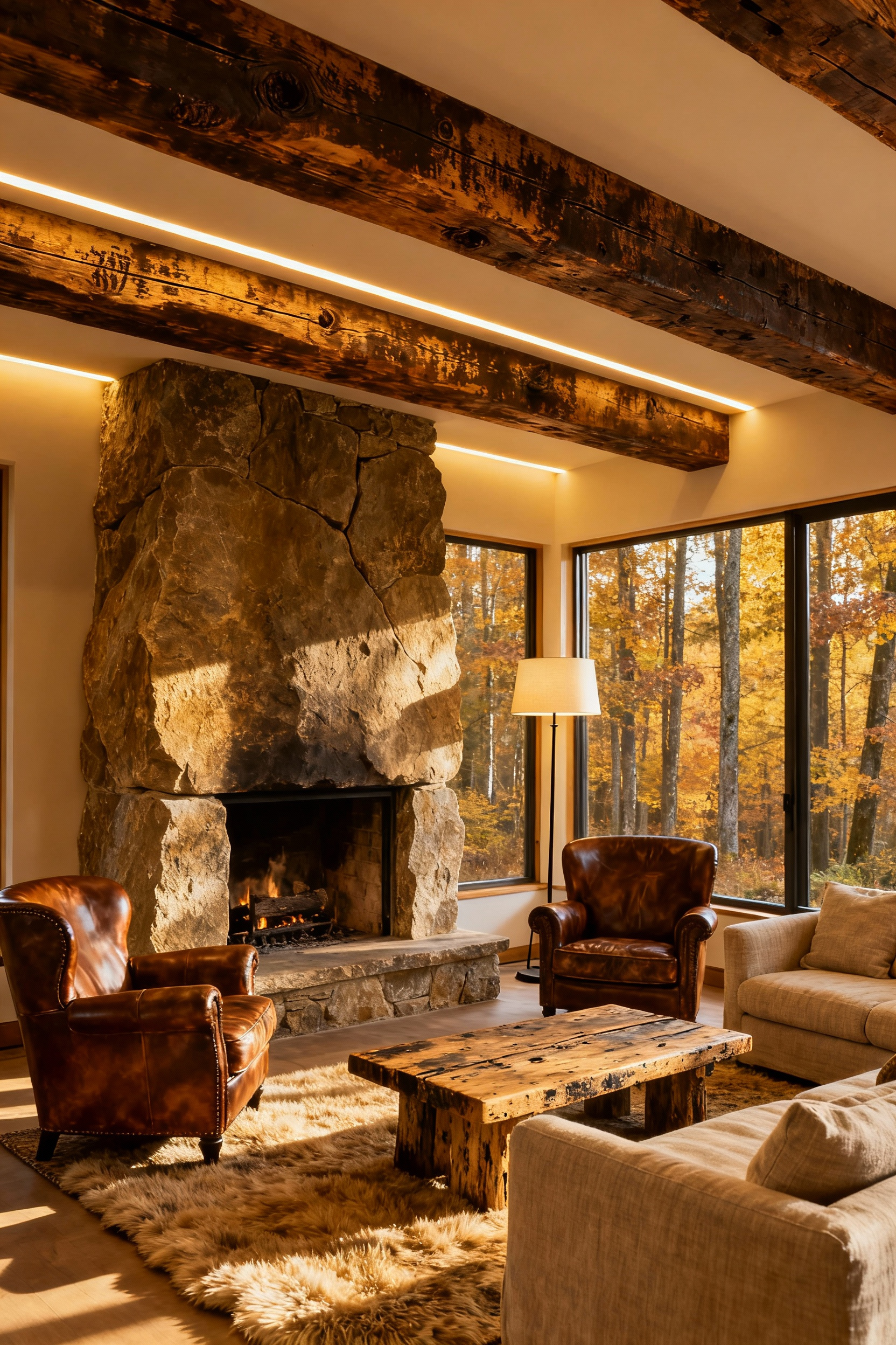 Rustic living room with exposed dark wood salvaged beams, stone fireplace, and cozy furniture. Demonstrates architectural empathy by integrating historical structural elements, showcasing natural patina and hand-hewn marks.