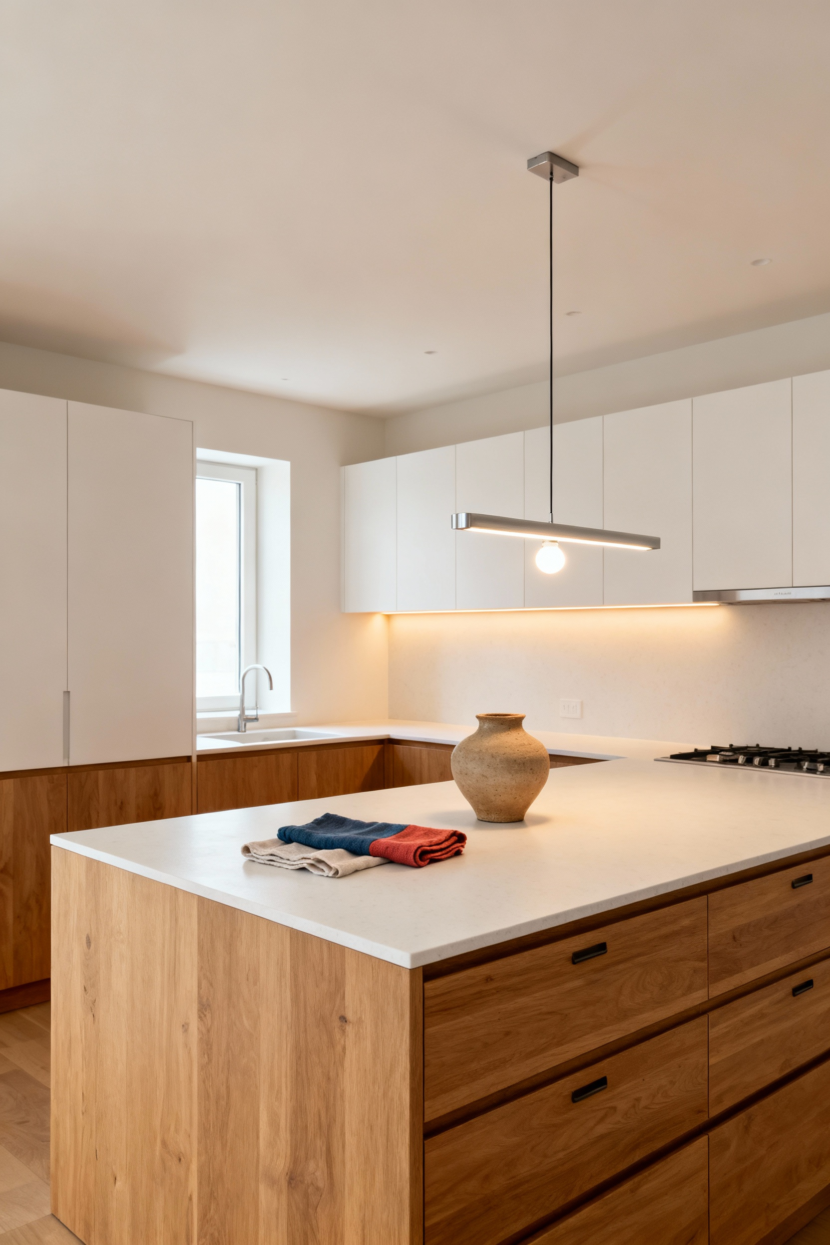 A modern Scandinavian kitchen balancing efficiency and well-being, featuring light oak cabinetry, ergonomic deep drawers, pristine white countertops, clear zoning, and warm, integrated LED task lighting.